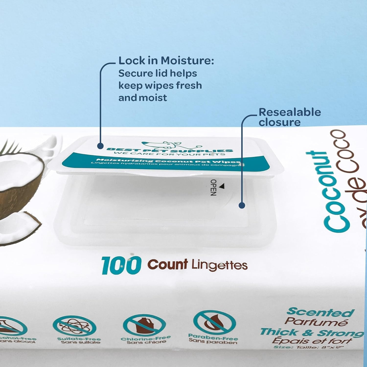 image:imageBest Pet Supplies CoconutScented Moisturizing Pet Wipes for Dogs amp Cats Extra Soft amp Strong Grooming Wipes with Gentle PlantDerived Formula Model Number WWCO100 Count Pack of 1