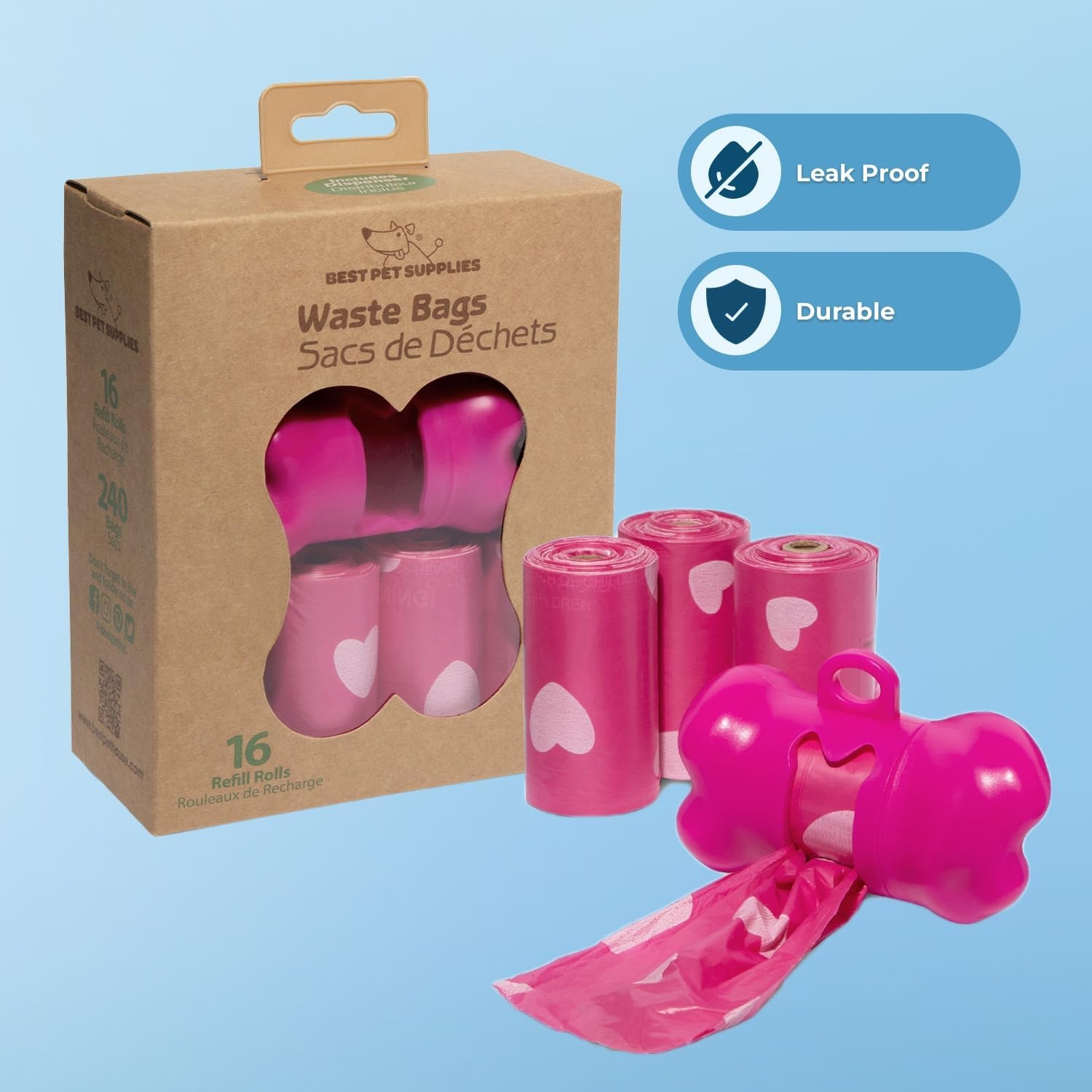 image:imageBest Pet Supplies Dog Poop Bags for Waste Refuse Cleanup Doggy Roll Replacements for Outdoor Puppy Walking and Travel Leak Proof and Tear Resistant Thick Plastic Blue Unscented 240 BagsPink Heart