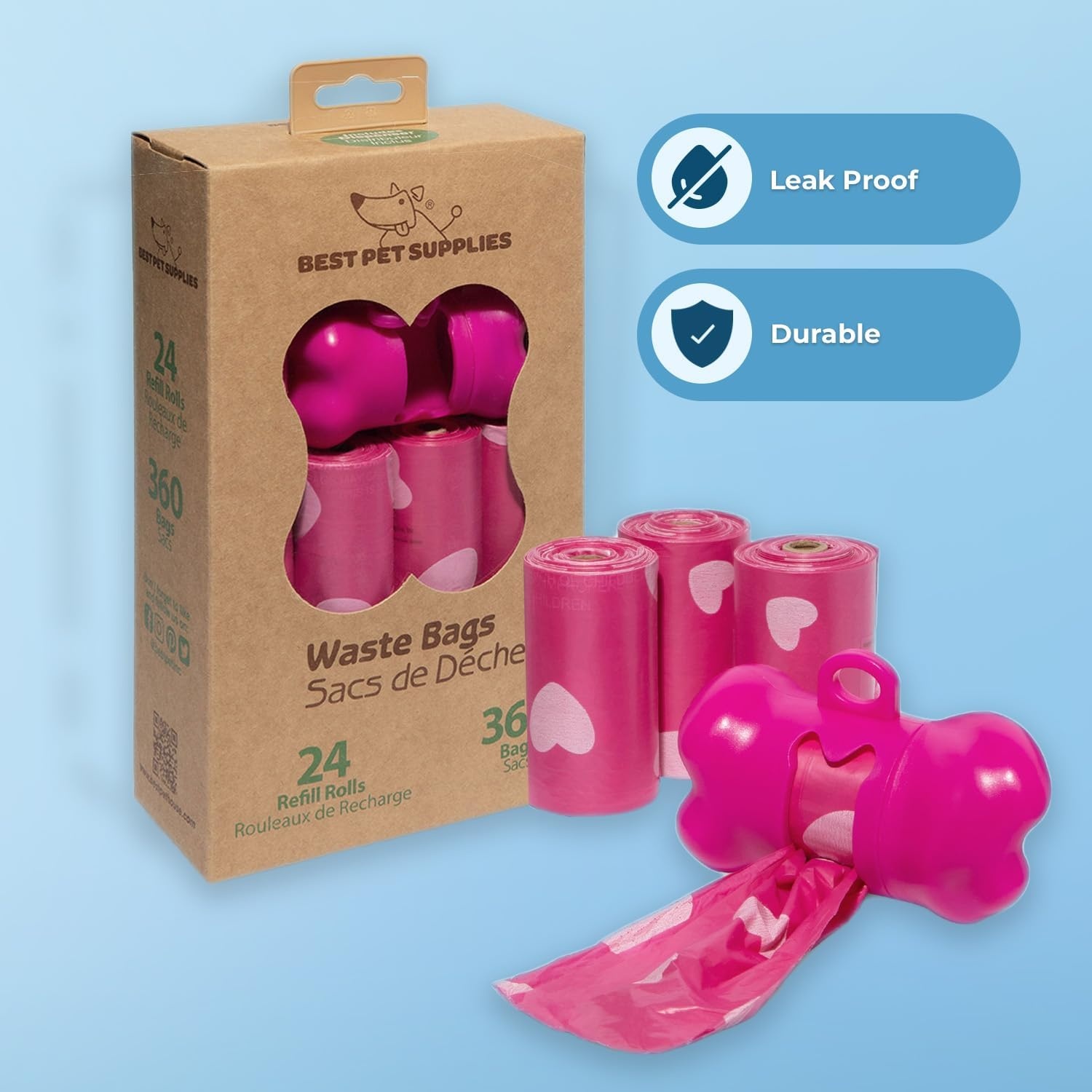 image:imageBest Pet Supplies Dog Poop Bags for Waste Refuse Cleanup Doggy Roll Replacements for Outdoor Puppy Walking and Travel Leak Proof and Tear Resistant Thick Plastic Blue Unscented 240 BagsPink Heart