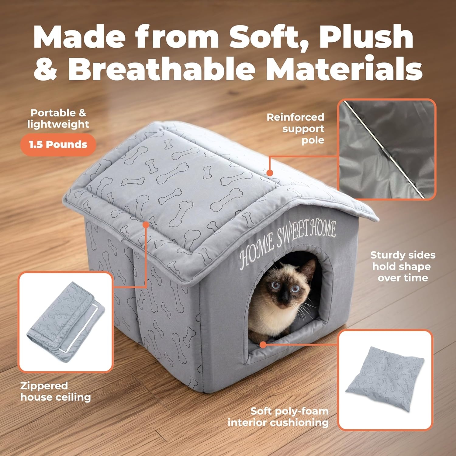 image:imageBest Pet Supplies Cat Bed for Indoor Cat Domed Tent House with Removable Pillow Covered Cat Cave for Small Dog Puppies and All Breeds of Cats Gray 17 x 15 x H14Silver w Bones