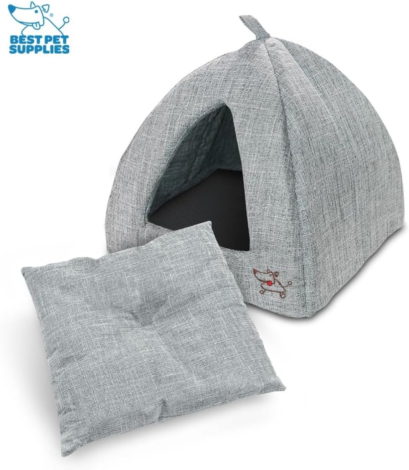 image:imageBest Pet Supplies Cat Bed for Indoor Cat Domed Tent House with Removable Pillow Covered Cat Cave for Small Dog Puppies and All Breeds of Cats Gray 17 x 15 x H14Gray Linen