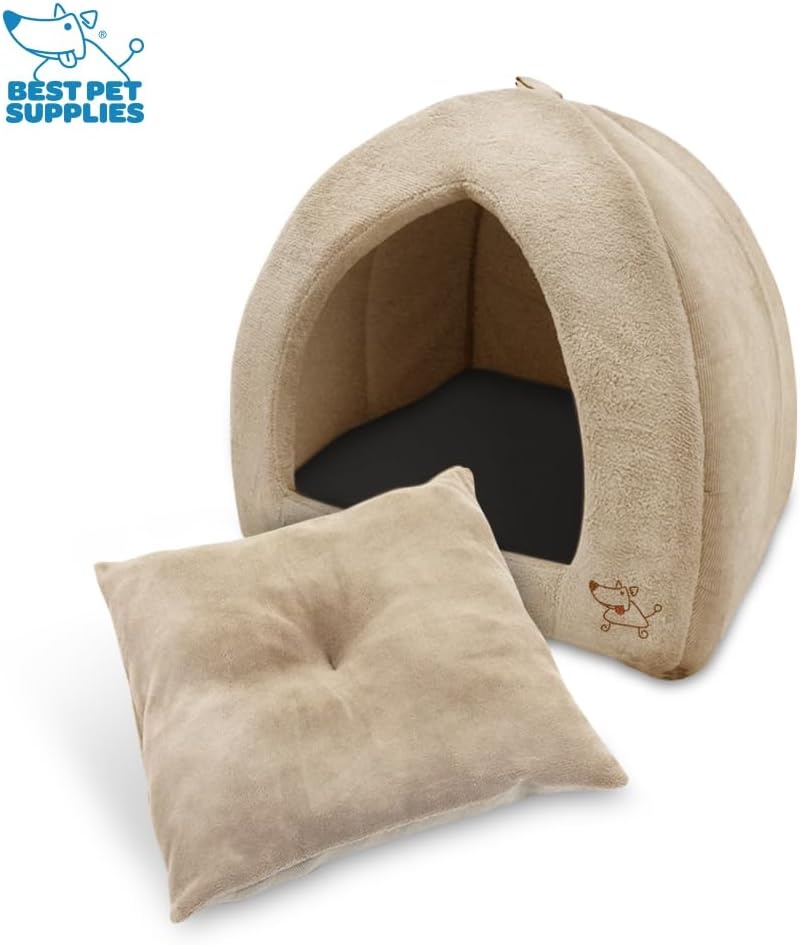 image:imageBest Pet Supplies Cat Bed for Indoor Cat Domed Tent House with Removable Pillow Covered Cat Cave for Small Dog Puppies and All Breeds of Cats Gray 17 x 15 x H14Tan