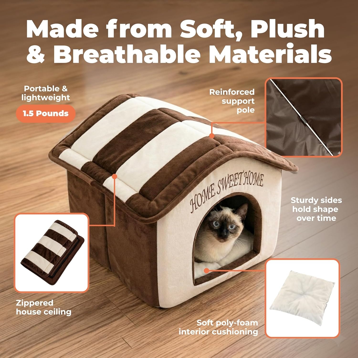 image:imageBest Pet Supplies Cat Bed for Indoor Cat Domed Tent House with Removable Pillow Covered Cat Cave for Small Dog Puppies and All Breeds of Cats Gray 17 x 15 x H14Beige w Brown Stripes