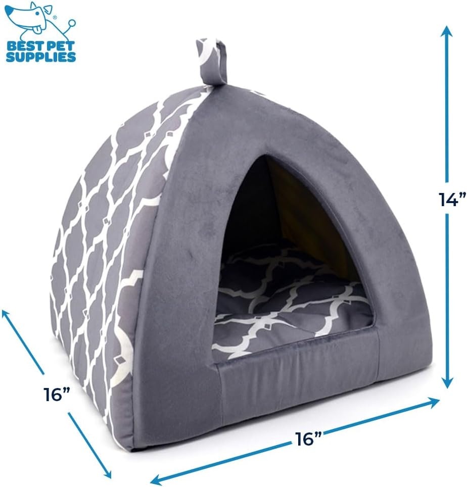 image:imageBest Pet Supplies Cat Bed for Indoor Cat Domed Tent House with Removable Pillow Covered Cat Cave for Small Dog Puppies and All Breeds of Cats Gray 17 x 15 x H14Gray Lattice