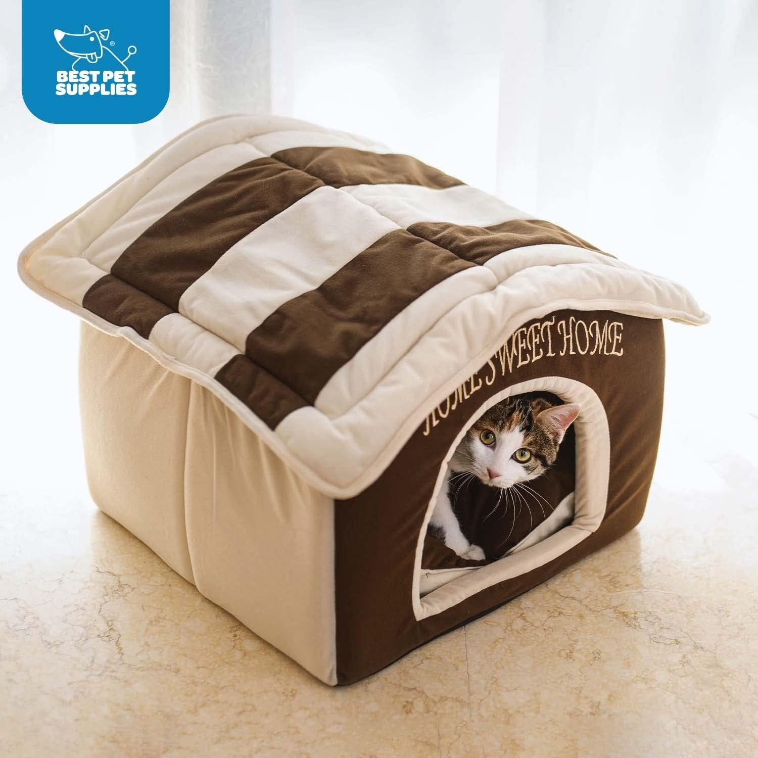 image:imageBest Pet Supplies Cat Bed for Indoor Cat Domed Tent House with Removable Pillow Covered Cat Cave for Small Dog Puppies and All Breeds of Cats Gray 17 x 15 x H14Light Brown w Bones