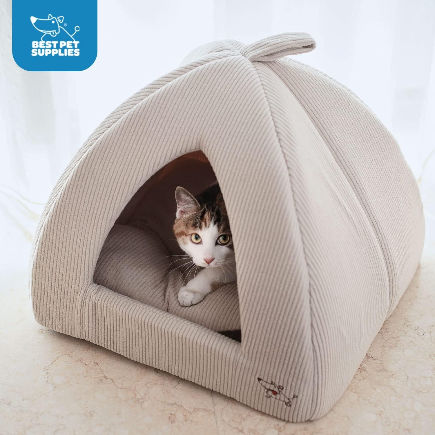 image:imageBest Pet Supplies Cat Bed for Indoor Cat Domed Tent House with Removable Pillow Covered Cat Cave for Small Dog Puppies and All Breeds of Cats Gray 17 x 15 x H14Beige