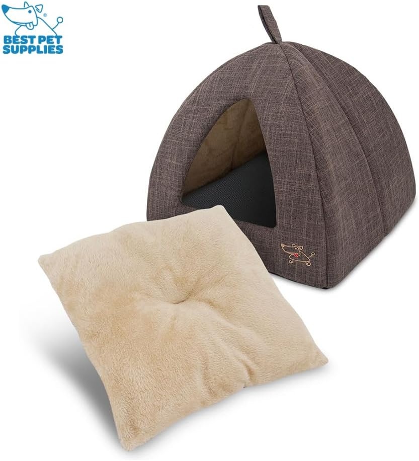 image:imageBest Pet Supplies Cat Bed for Indoor Cat Domed Tent House with Removable Pillow Covered Cat Cave for Small Dog Puppies and All Breeds of Cats Gray 17 x 15 x H14Brown Linen