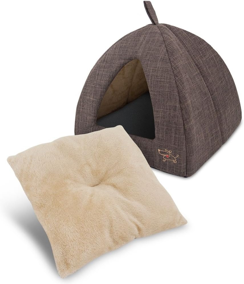 image:imageBest Pet Supplies Cat Bed for Indoor Cat Domed Tent House with Removable Pillow Covered Cat Cave for Small Dog Puppies and All Breeds of Cats Gray 17 x 15 x H14Brown Linen