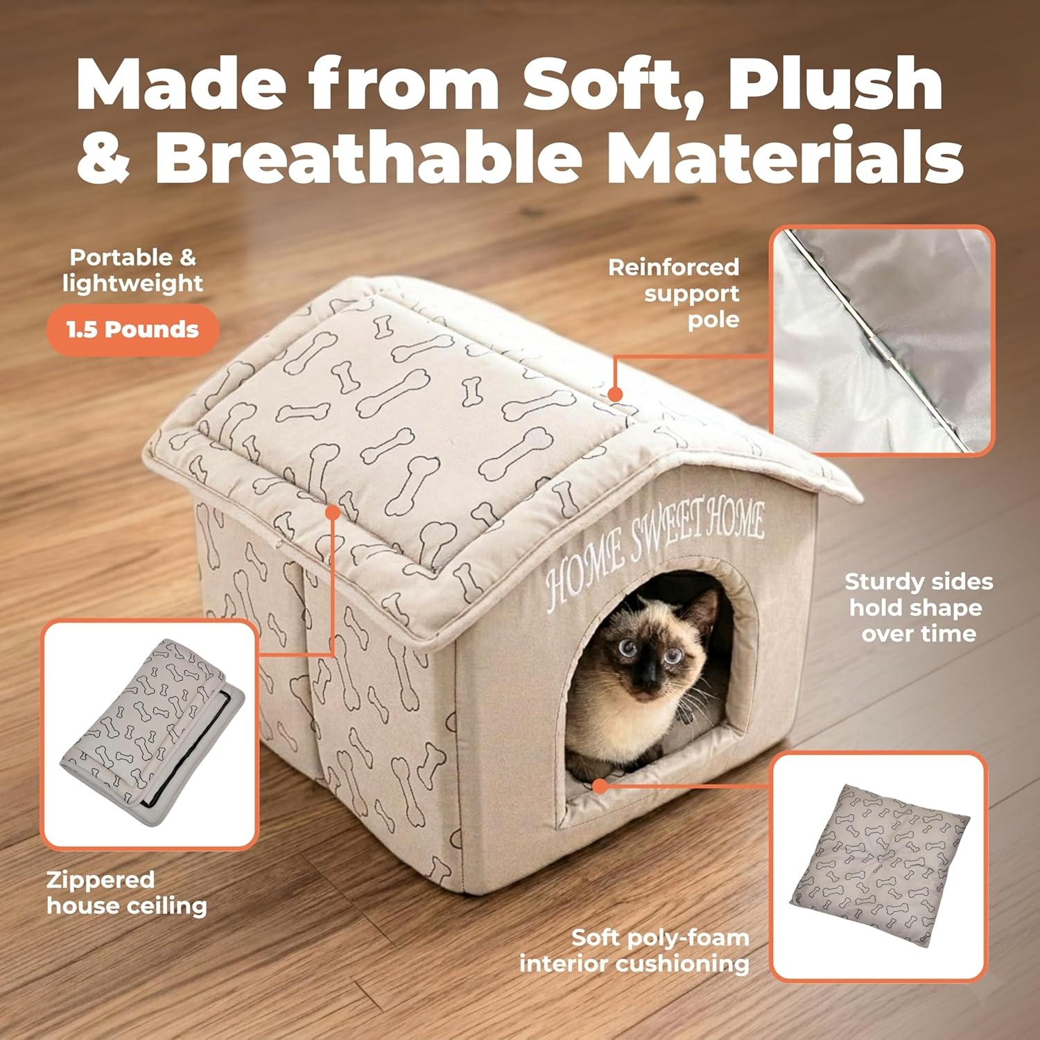 image:imageBest Pet Supplies Cat Bed for Indoor Cat Domed Tent House with Removable Pillow Covered Cat Cave for Small Dog Puppies and All Breeds of Cats Gray 17 x 15 x H14Light Brown w Bones