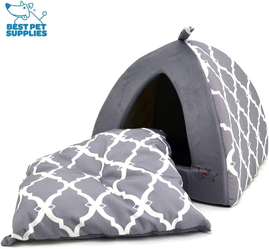image:imageBest Pet Supplies Cat Bed for Indoor Cat Domed Tent House with Removable Pillow Covered Cat Cave for Small Dog Puppies and All Breeds of Cats Gray 17 x 15 x H14Gray Lattice