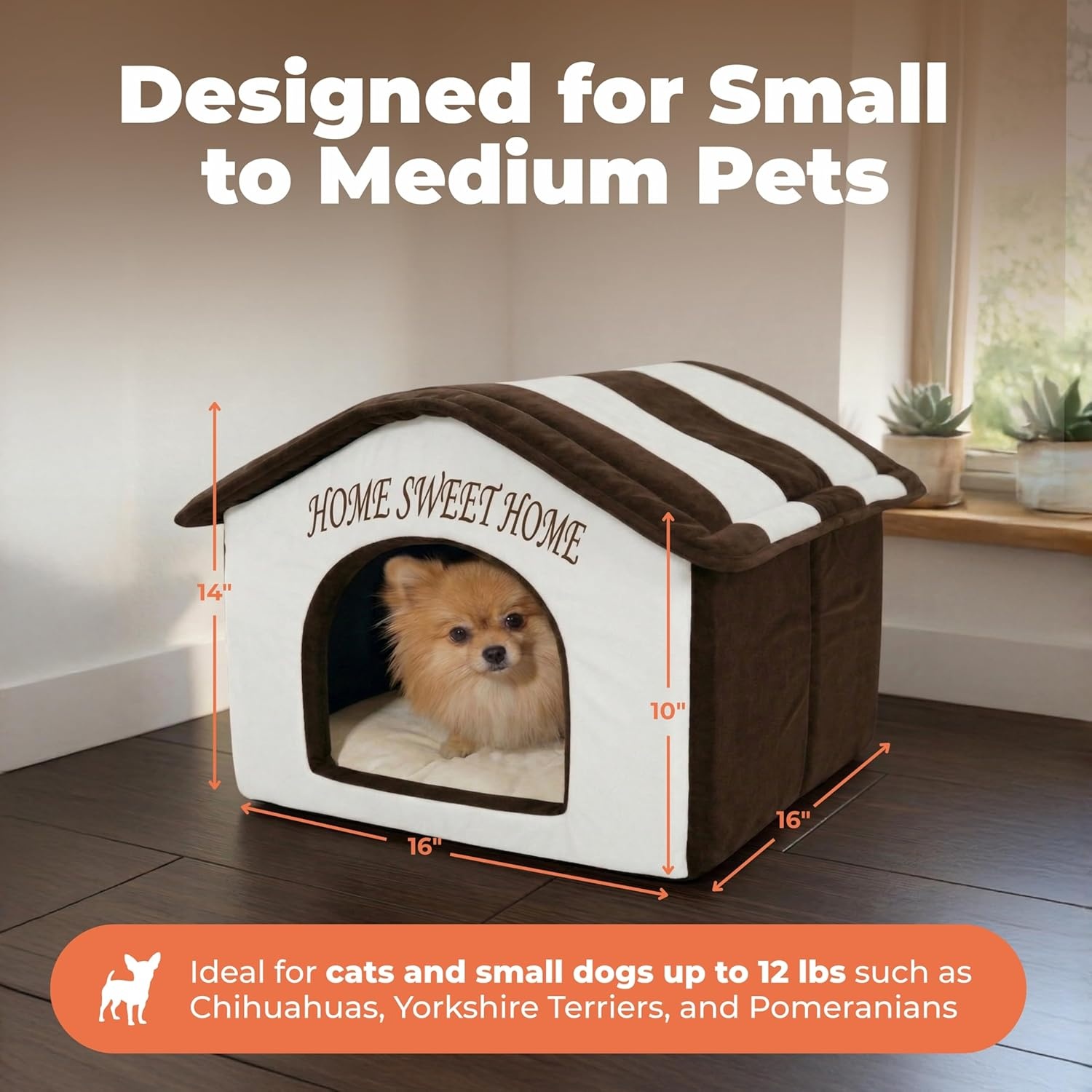 image:imageBest Pet Supplies Cat Bed for Indoor Cat Domed Tent House with Removable Pillow Covered Cat Cave for Small Dog Puppies and All Breeds of Cats Gray 17 x 15 x H14Beige w Brown Stripes