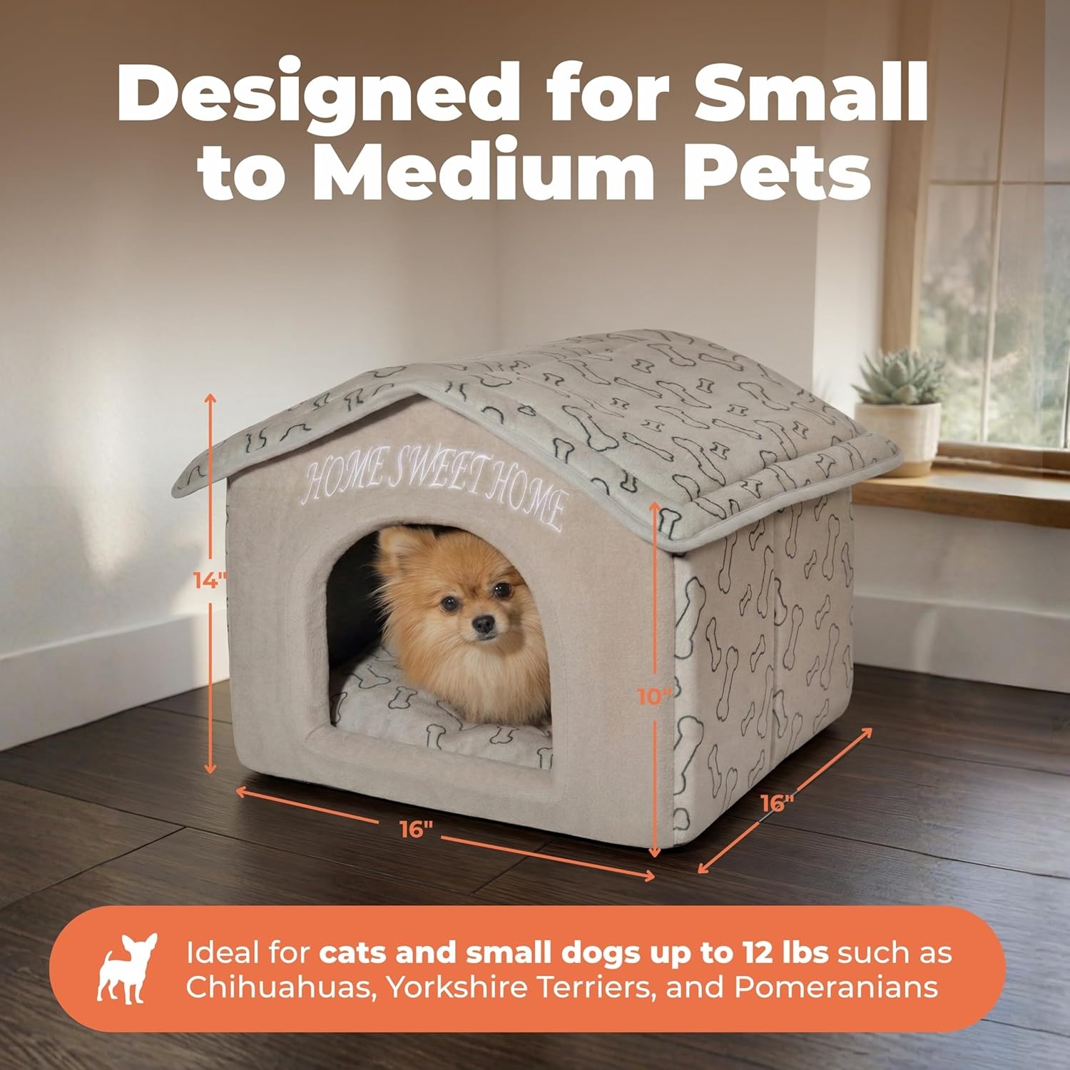 image:imageBest Pet Supplies Cat Bed for Indoor Cat Domed Tent House with Removable Pillow Covered Cat Cave for Small Dog Puppies and All Breeds of Cats Gray 17 x 15 x H14Light Brown w Bones