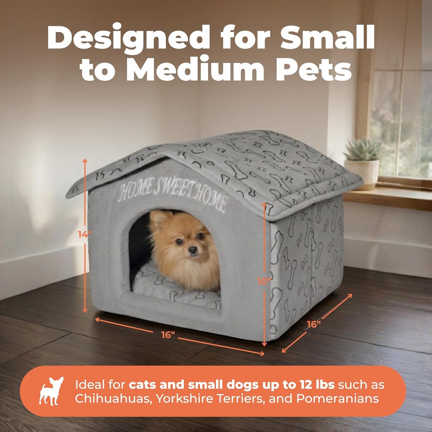 image:imageBest Pet Supplies Cat Bed for Indoor Cat Domed Tent House with Removable Pillow Covered Cat Cave for Small Dog Puppies and All Breeds of Cats Gray 17 x 15 x H14Silver w Bones