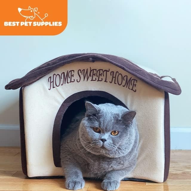 image:imageBest Pet Supplies Cat Bed for Indoor Cat Domed Tent House with Removable Pillow Covered Cat Cave for Small Dog Puppies and All Breeds of Cats Gray 17 x 15 x H14Beige w Brown Stripes