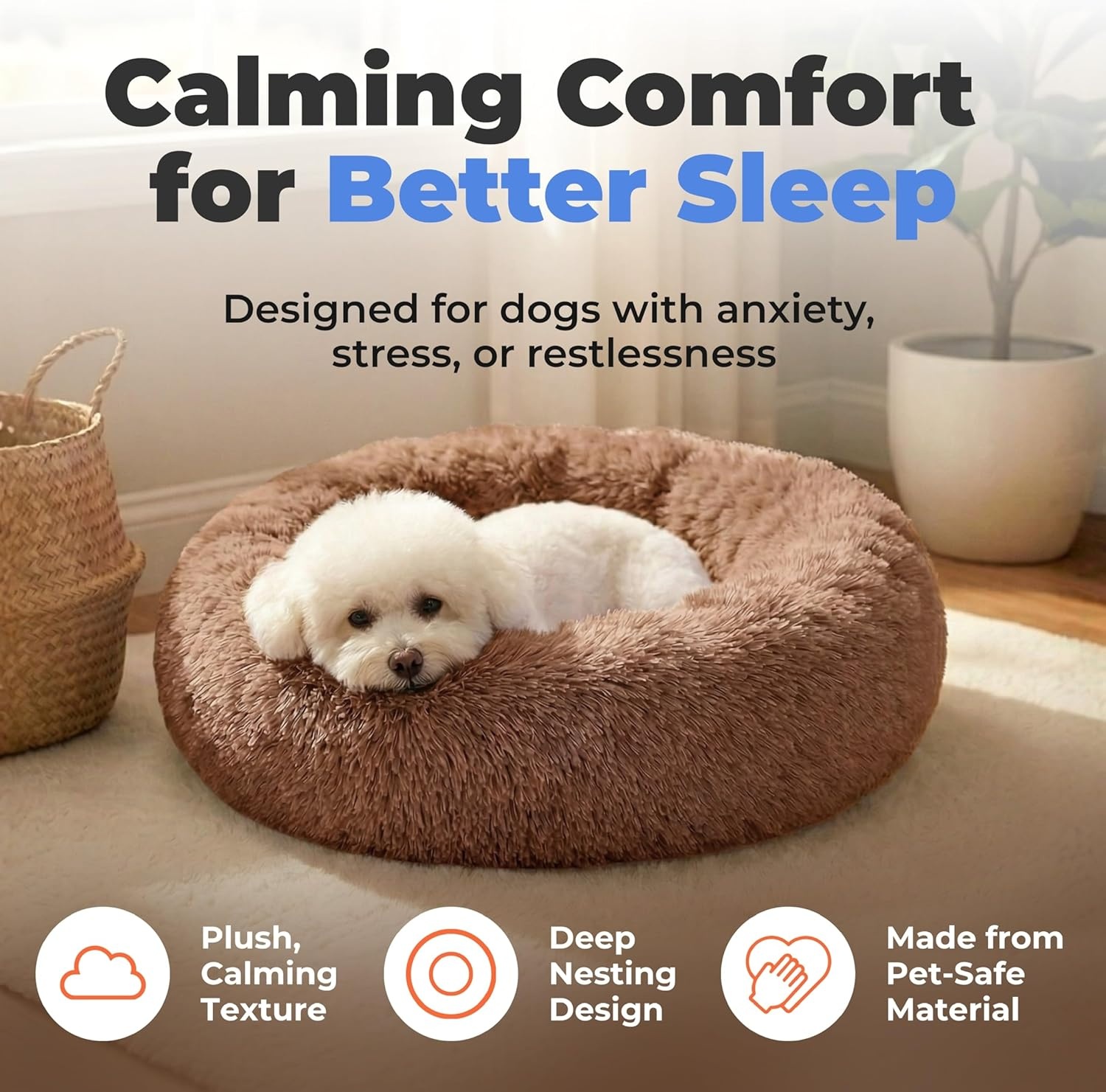 image:imageBest Pet Supplies Round Calming Dog Bed for Small Medium amp Large Dogs Plush Donut Cuddler Pet Bed wRaised Rim for Head Neck Support AntiSlip Bottom Washable Bed Pink 20 x 20 x 6Caramel