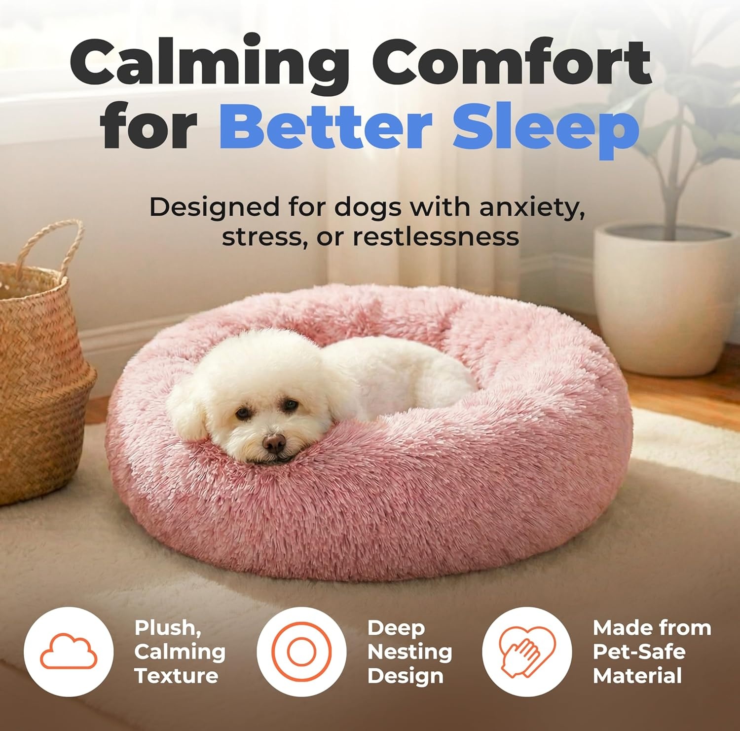 image:imageBest Pet Supplies Round Calming Dog Bed for Small Medium amp Large Dogs Plush Donut Cuddler Pet Bed wRaised Rim for Head Neck Support AntiSlip Bottom Washable Bed Pink 20 x 20 x 6Pink