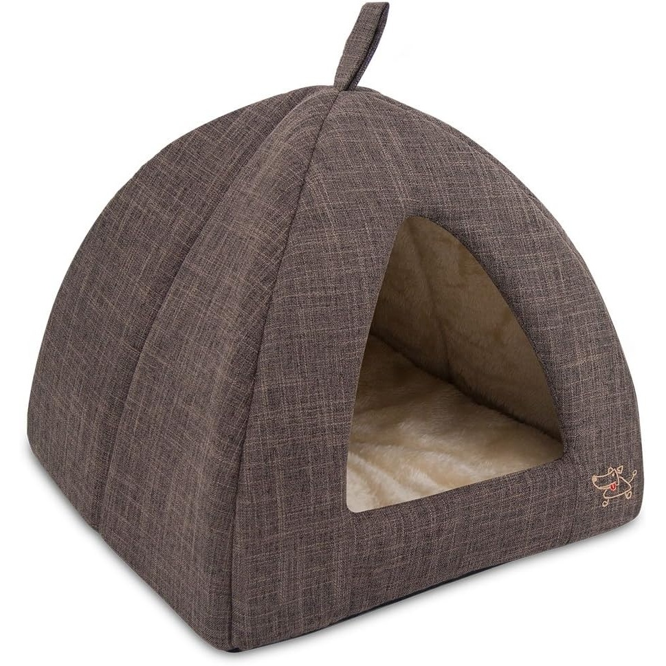 image:imageBest Pet Supplies Cat Bed for Indoor Cat Domed Tent House with Removable Pillow Covered Cat Cave for Small Dog Puppies and All Breeds of Cats Gray 17 x 15 x H14Brown Linen