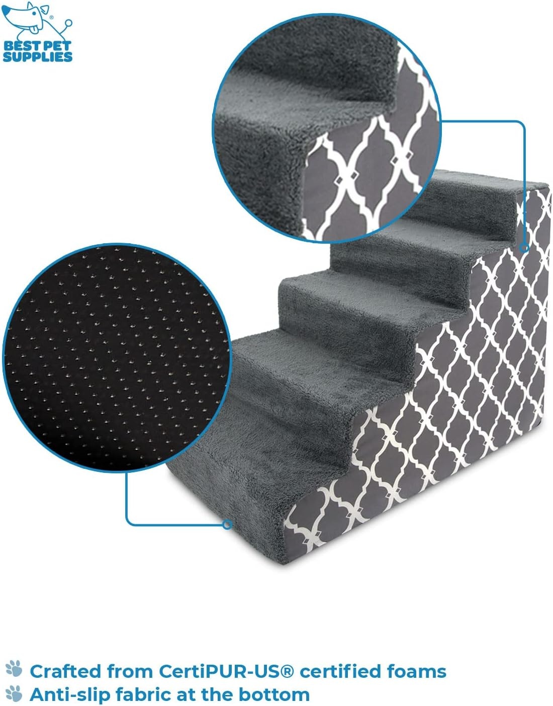 image:imageBest Pet Supplies Dog Stairs amp Steps Foam Steps for Small Dogs amp Cats NonSlip Indoor Balanced Pet Step Support Dog Ramp No Assembly Gray 5Step 225inch HeightGray Lattice Print