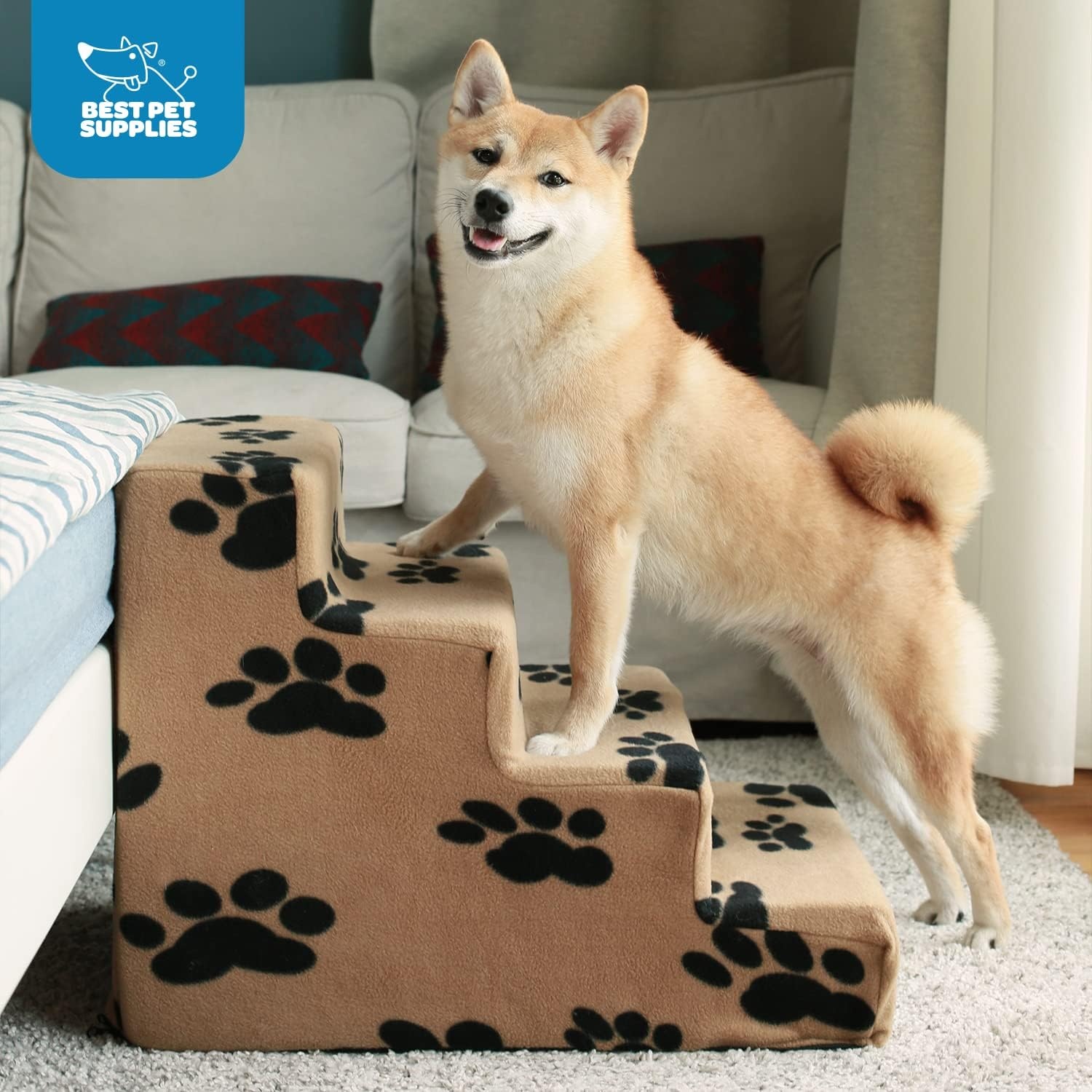 image:imageBest Pet Supplies Dog Stairs amp Steps Foam Steps for Small Dogs amp Cats NonSlip Indoor Balanced Pet Step Support Dog Ramp No Assembly Gray 5Step 225inch HeightPaw Print on Black