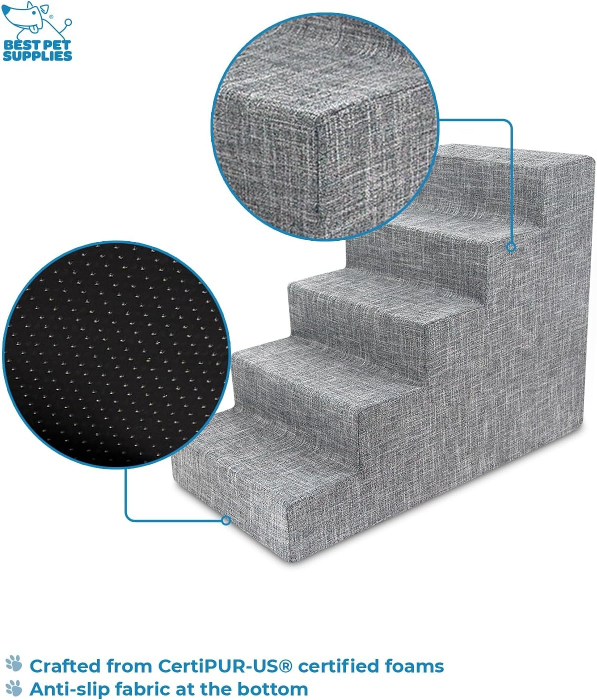image:imageBest Pet Supplies Dog Stairs amp Steps Foam Steps for Small Dogs amp Cats NonSlip Indoor Balanced Pet Step Support Dog Ramp No Assembly Gray 5Step 225inch HeightAsh Gray Linen