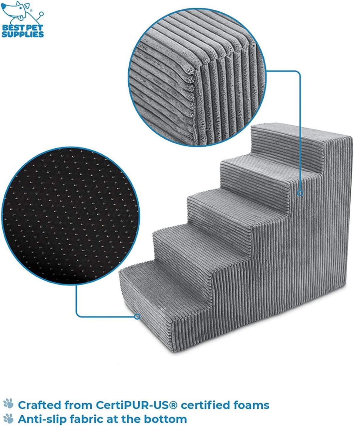 image:imageBest Pet Supplies Dog Stairs amp Steps Foam Steps for Small Dogs amp Cats NonSlip Indoor Balanced Pet Step Support Dog Ramp No Assembly Gray 5Step 225inch HeightGray
