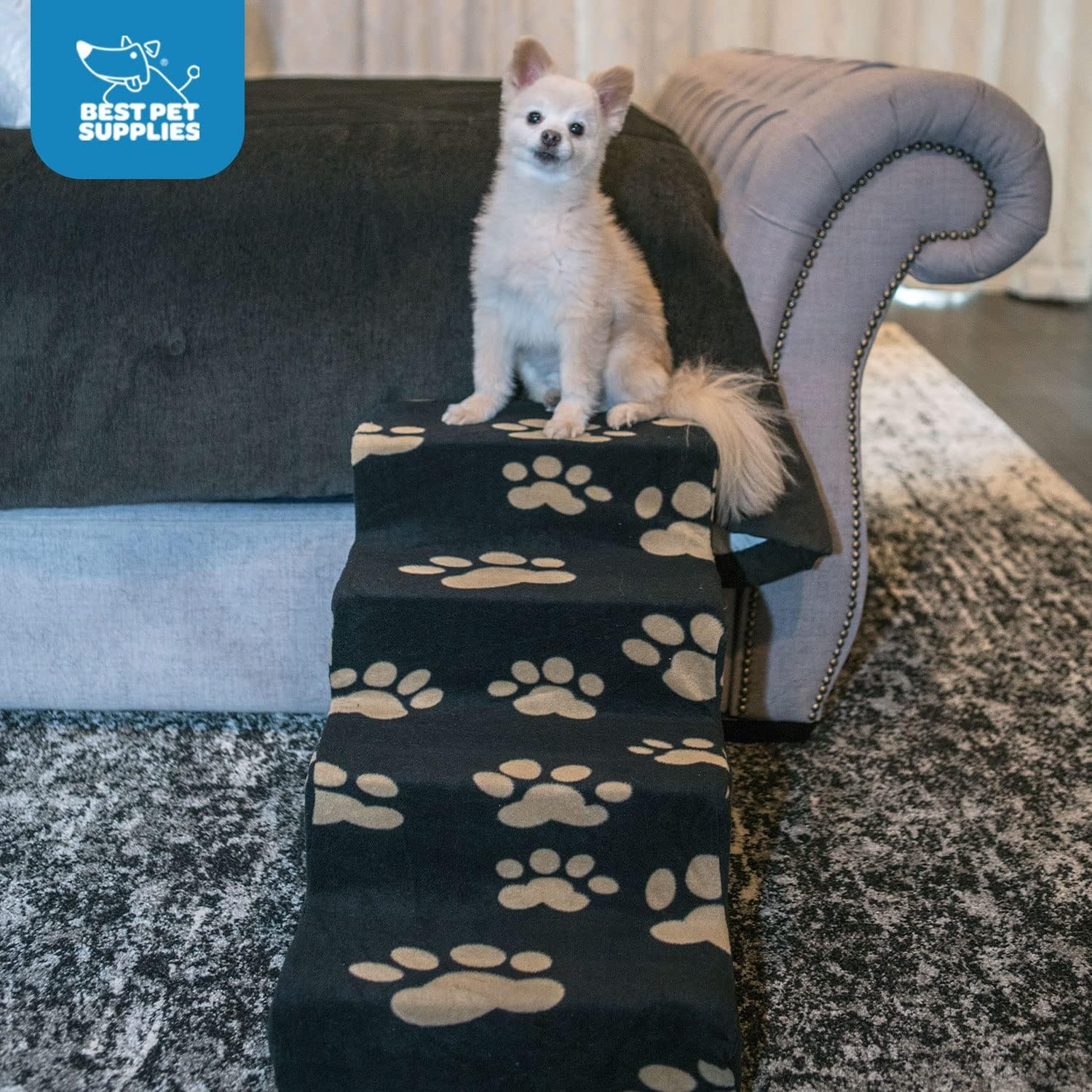 image:imageBest Pet Supplies Dog Stairs amp Steps Foam Steps for Small Dogs amp Cats NonSlip Indoor Balanced Pet Step Support Dog Ramp No Assembly Gray 5Step 225inch HeightPaw Print on Black