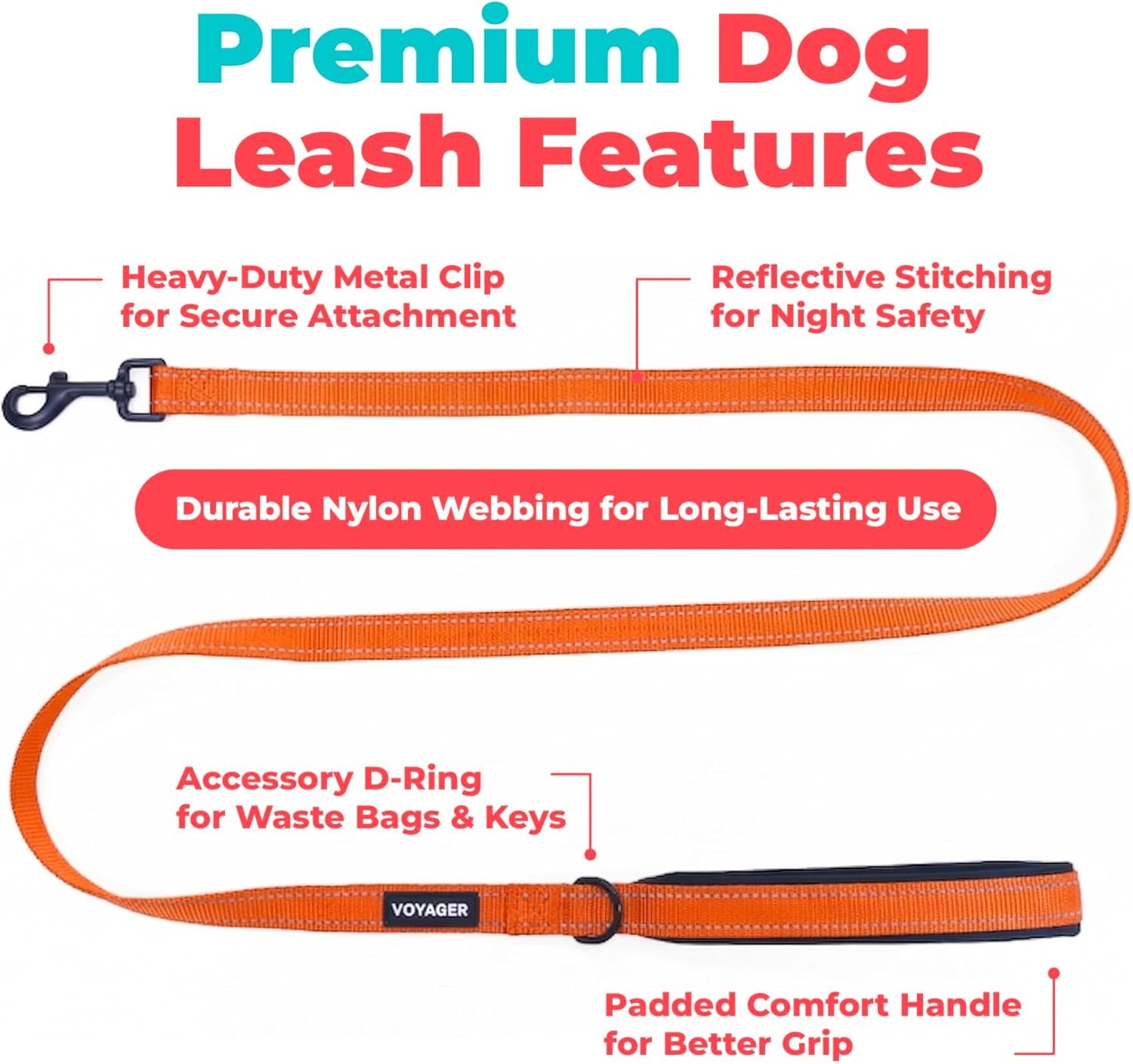 image:imageBest Pet Supplies Voyager Reflective Dog Leash or Collar with Neoprene Handle for Small Medium and Large Breed Puppies Cute and Heavy Duty for Walking Running and Training Blue Leash SLeash Orange