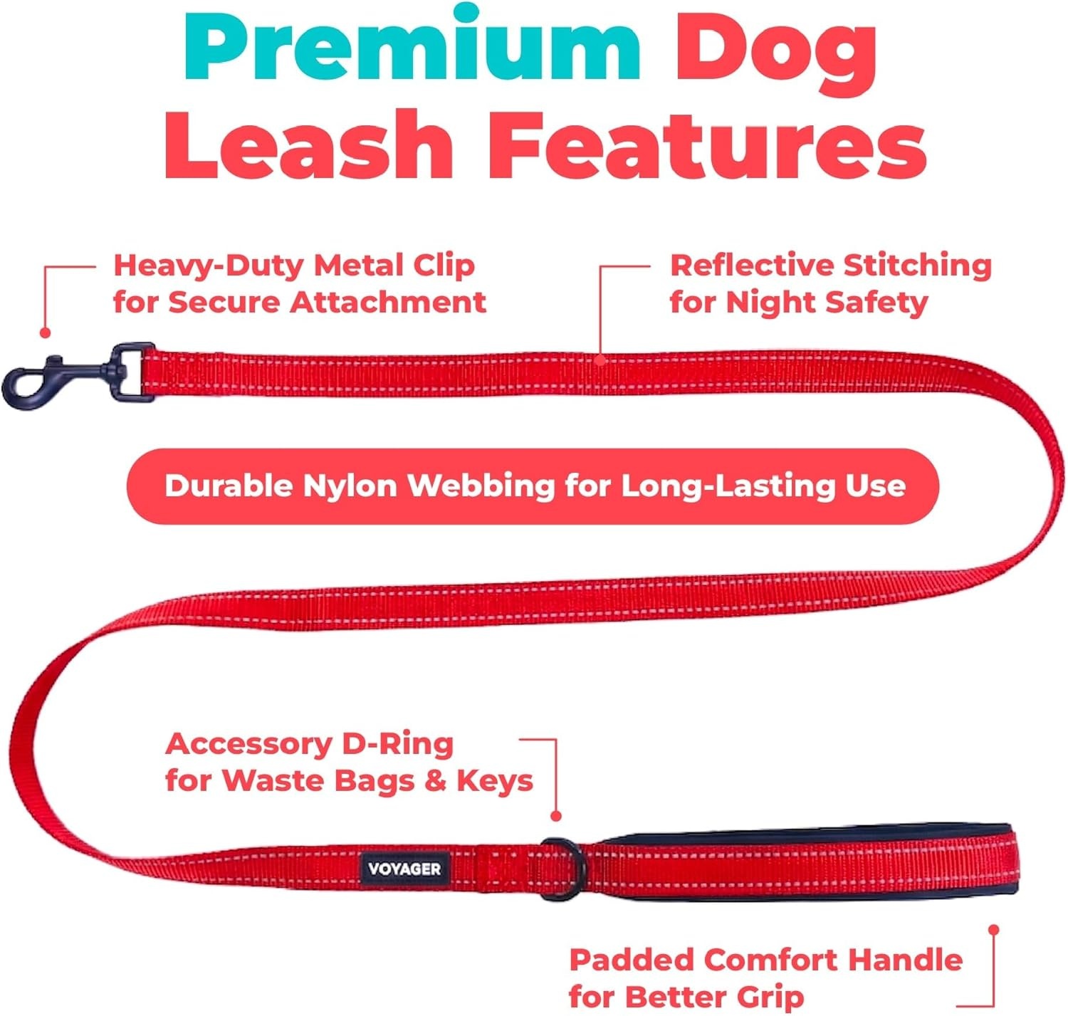 image:imageBest Pet Supplies Voyager Reflective Dog Leash or Collar with Neoprene Handle for Small Medium and Large Breed Puppies Cute and Heavy Duty for Walking Running and Training Blue Leash SLeash Red