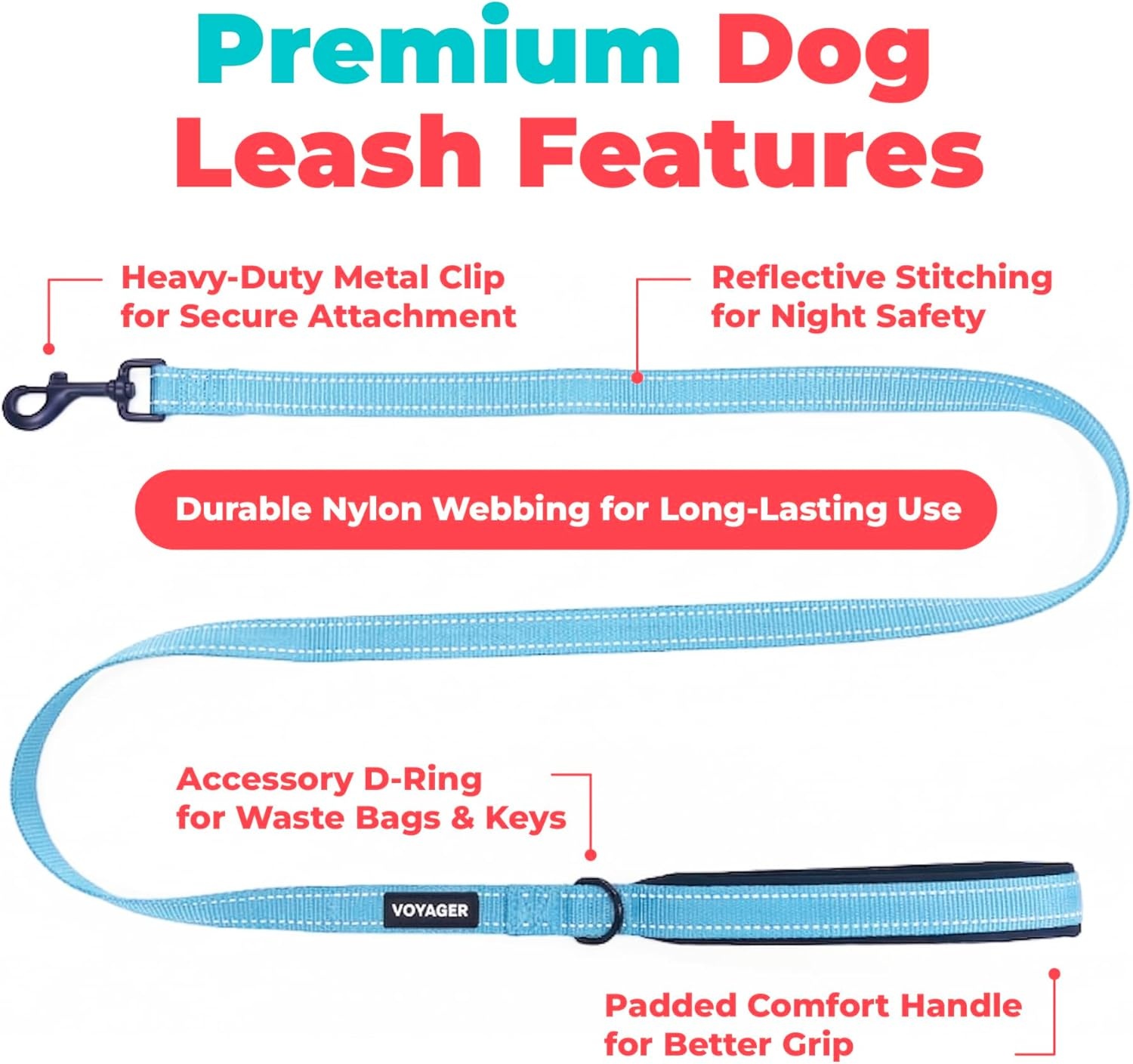image:imageBest Pet Supplies Voyager Reflective Dog Leash or Collar with Neoprene Handle for Small Medium and Large Breed Puppies Cute and Heavy Duty for Walking Running and Training Blue Leash SLeash Baby Blue