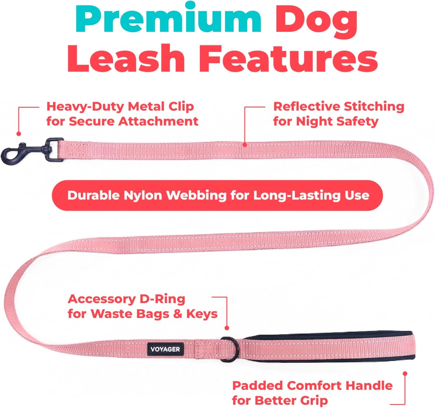 image:imageBest Pet Supplies Voyager Reflective Dog Leash or Collar with Neoprene Handle for Small Medium and Large Breed Puppies Cute and Heavy Duty for Walking Running and Training Blue Leash SLeash Soft Pink