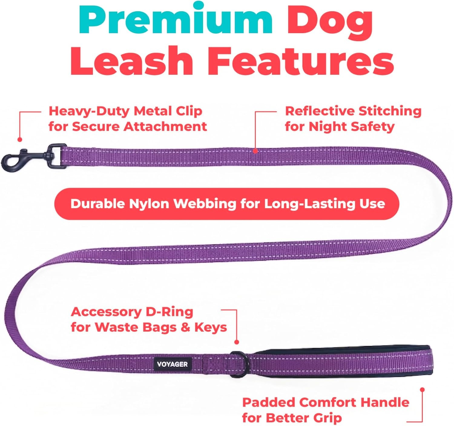 image:imageBest Pet Supplies Voyager Reflective Dog Leash or Collar with Neoprene Handle for Small Medium and Large Breed Puppies Cute and Heavy Duty for Walking Running and Training Blue Leash SLeash Purple