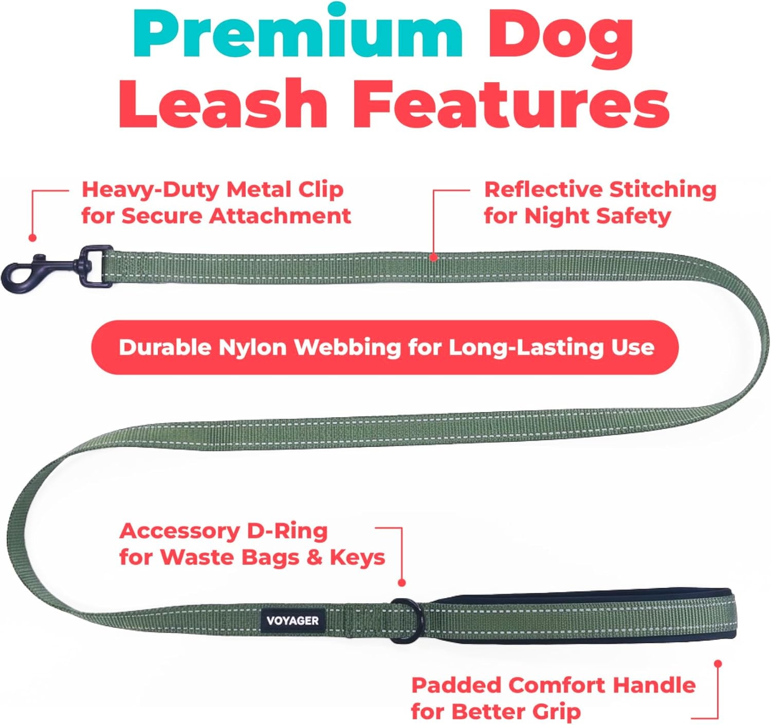 image:imageBest Pet Supplies Voyager Reflective Dog Leash or Collar with Neoprene Handle for Small Medium and Large Breed Puppies Cute and Heavy Duty for Walking Running and Training Blue Leash SLeash Moss Green