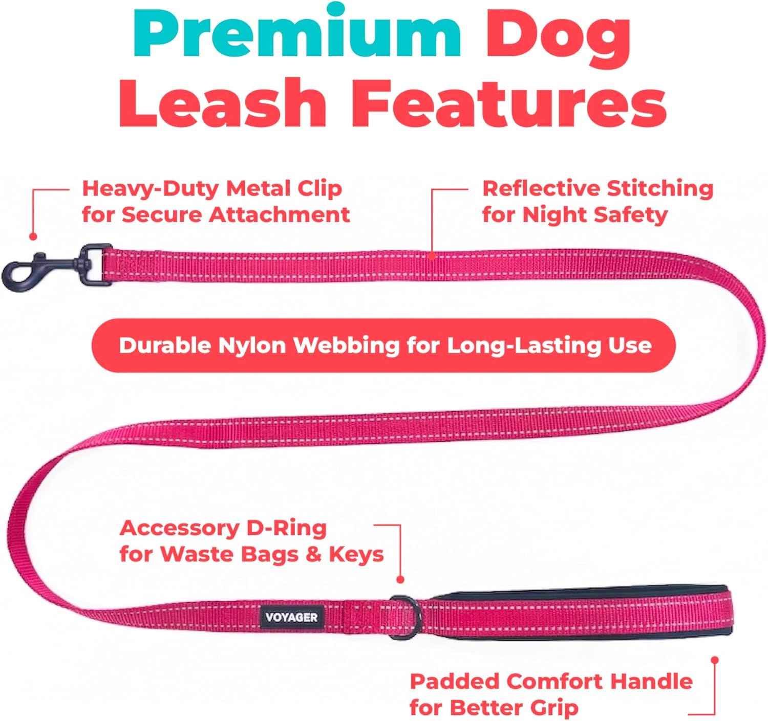 image:imageBest Pet Supplies Voyager Reflective Dog Leash or Collar with Neoprene Handle for Small Medium and Large Breed Puppies Cute and Heavy Duty for Walking Running and Training Blue Leash SLeash Fuchsia