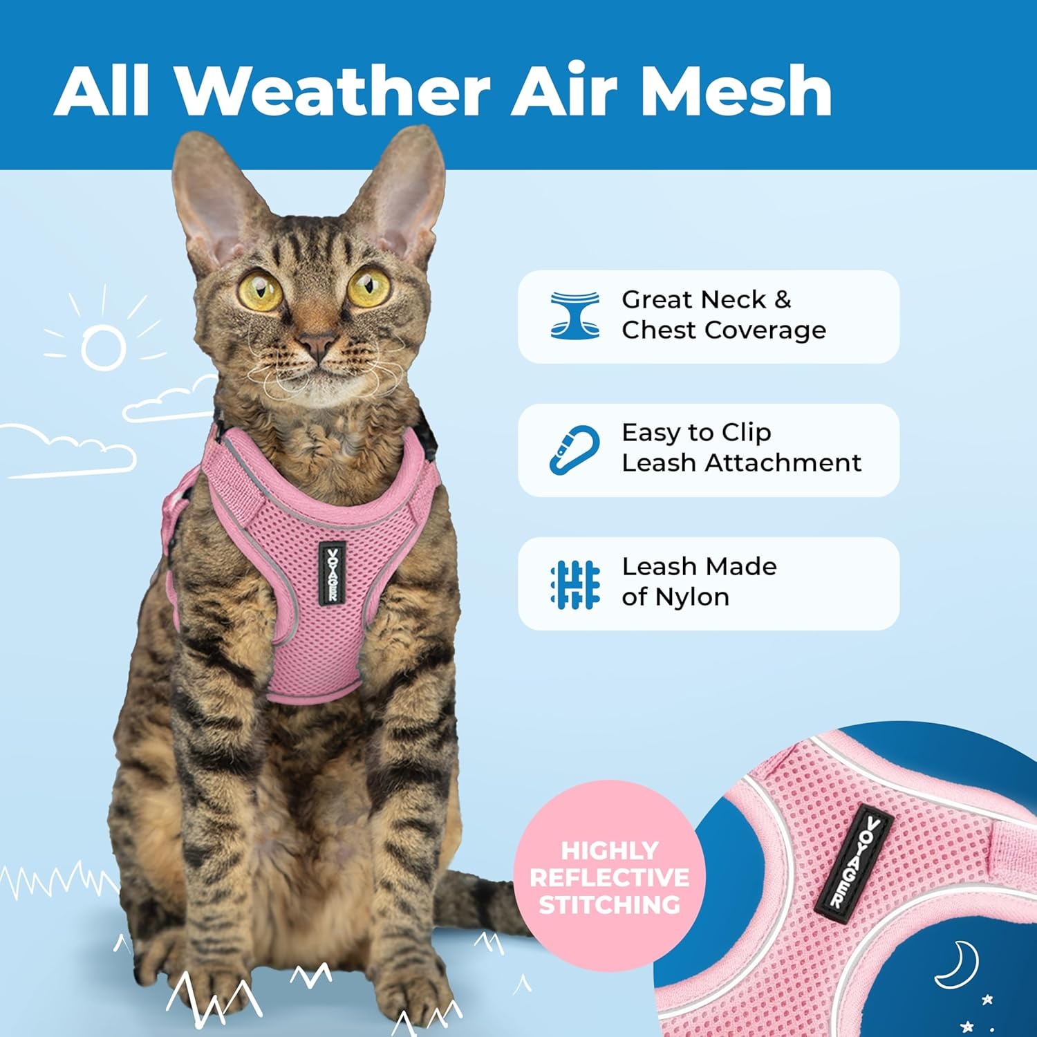 image:imageVoyager EscapeProof Stepin Lock Cat Harness amp 5ft NeopreneHandle Leash Set AllWeather Mesh with Reflective Stitching for Small to Large Cats by Best Pet Supplies Lavender 327 XXSPink 327