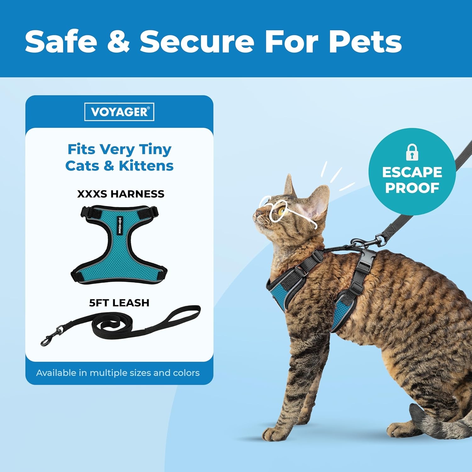 image:imageVoyager EscapeProof Stepin Lock Cat Harness amp 5ft NeopreneHandle Leash Set AllWeather Mesh with Reflective Stitching for Small to Large Cats by Best Pet Supplies Lavender 327 XXSBlack TrimTurquoise 327