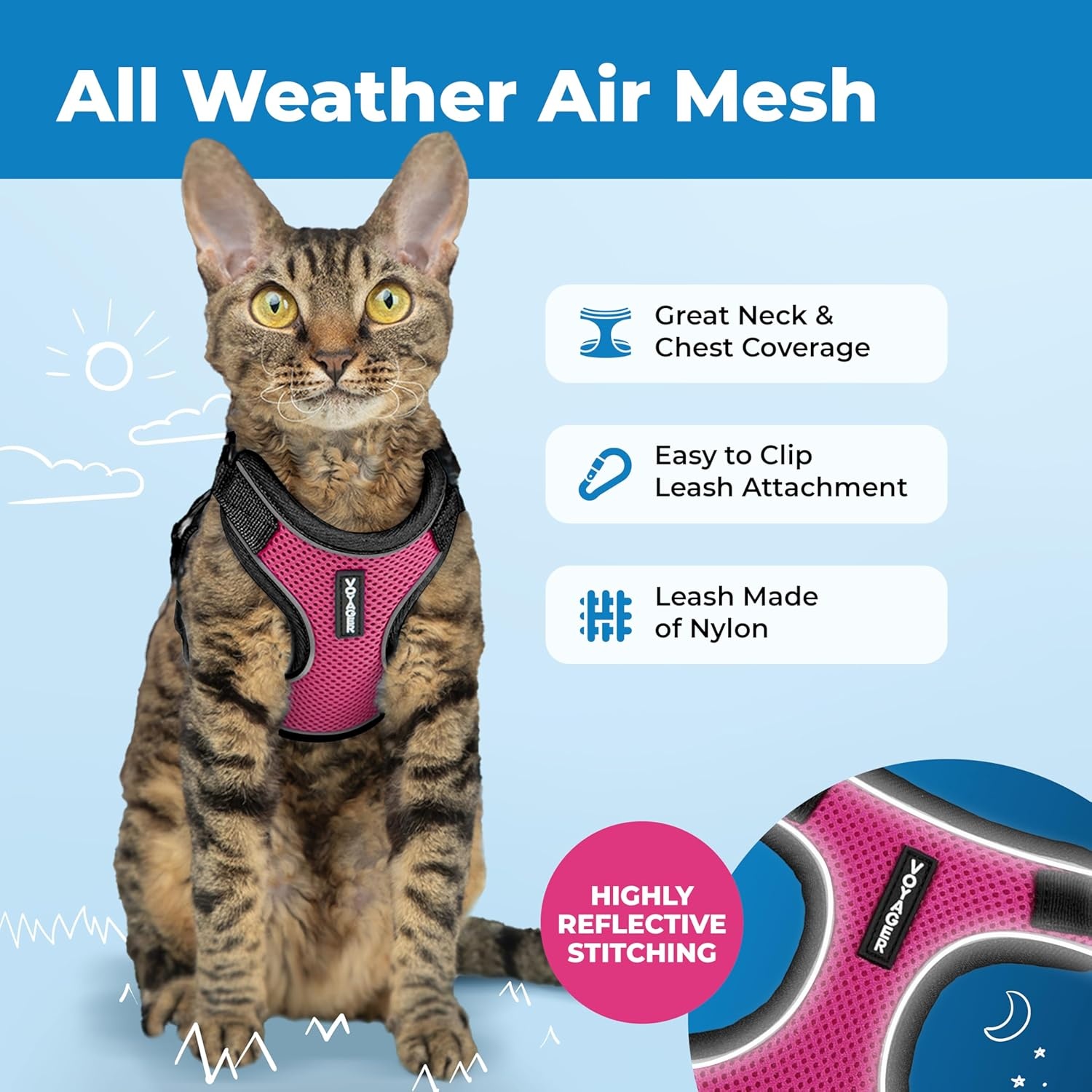 image:imageVoyager EscapeProof Stepin Lock Cat Harness amp 5ft NeopreneHandle Leash Set AllWeather Mesh with Reflective Stitching for Small to Large Cats by Best Pet Supplies Lavender 327 XXSBlack TrimFuchsia 327