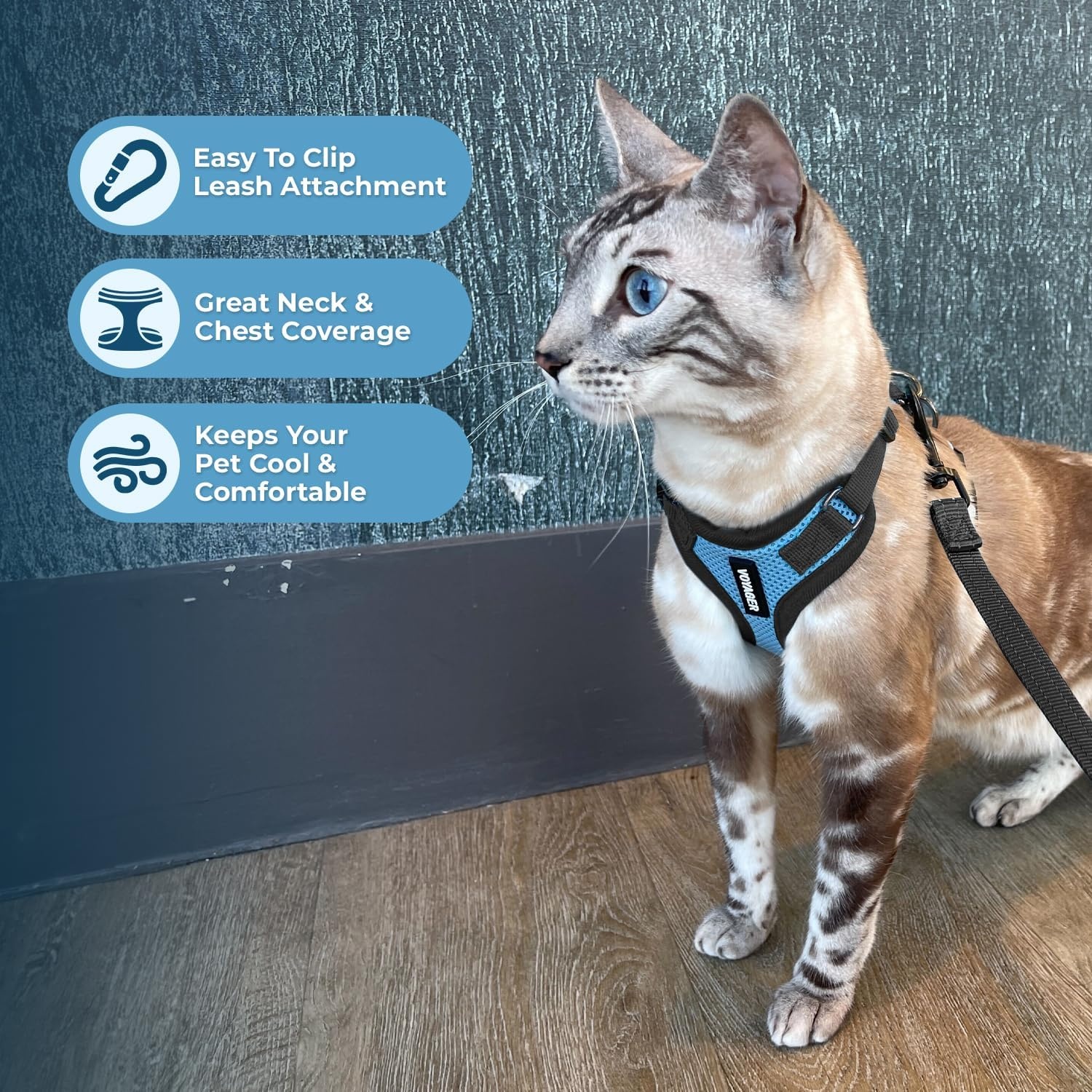 image:imageVoyager EscapeProof Stepin Lock Cat Harness amp 5ft NeopreneHandle Leash Set AllWeather Mesh with Reflective Stitching for Small to Large Cats by Best Pet Supplies Lavender 327 XXSHarness Leash Set Baby BlueBlack Trim