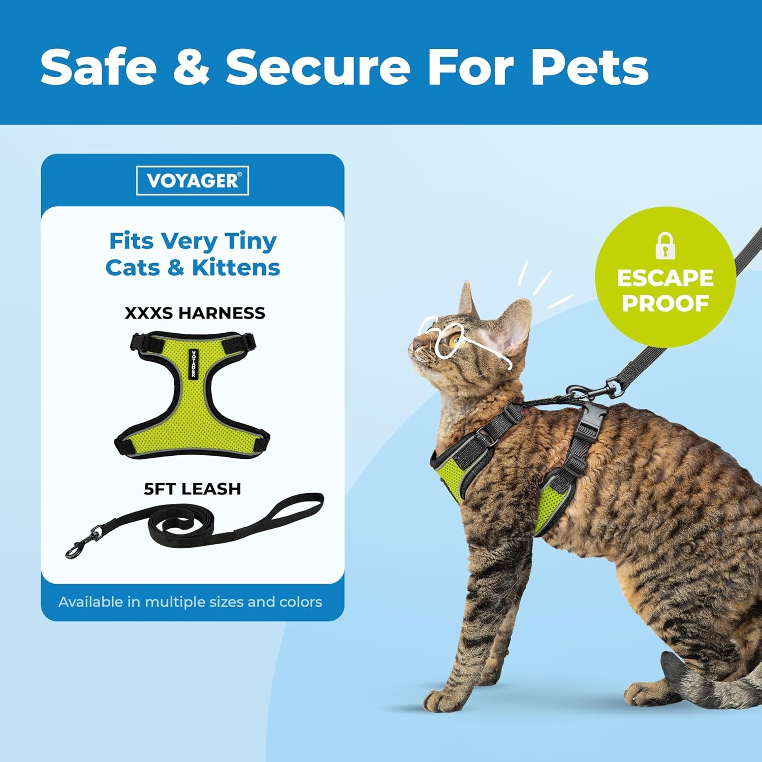 image:imageVoyager EscapeProof Stepin Lock Cat Harness amp 5ft NeopreneHandle Leash Set AllWeather Mesh with Reflective Stitching for Small to Large Cats by Best Pet Supplies Lavender 327 XXSBlack TrimLime 327