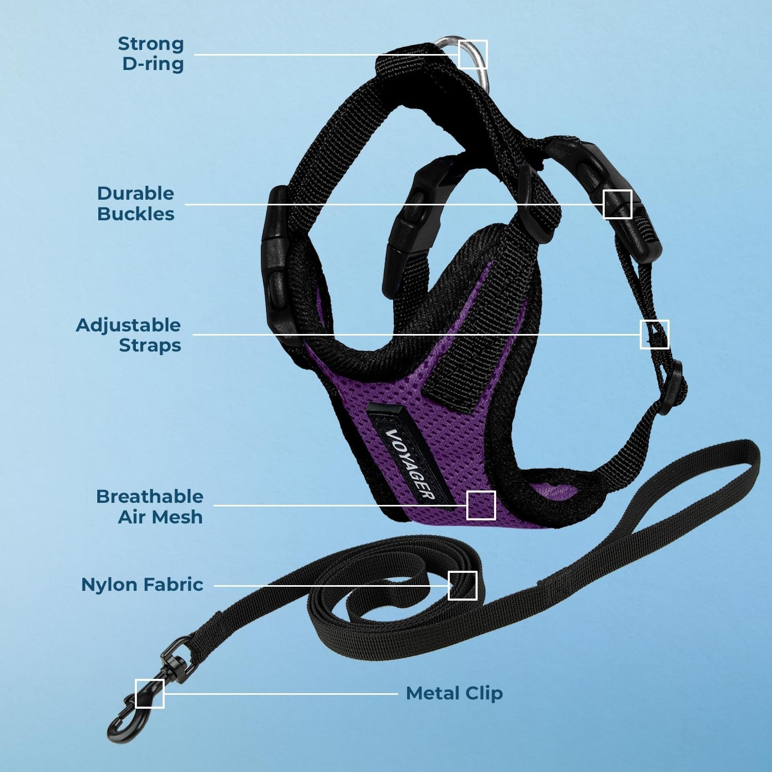 image:imageVoyager EscapeProof Stepin Lock Cat Harness amp 5ft NeopreneHandle Leash Set AllWeather Mesh with Reflective Stitching for Small to Large Cats by Best Pet Supplies Lavender 327 XXSHarness Leash Set PurpleBlack Trim