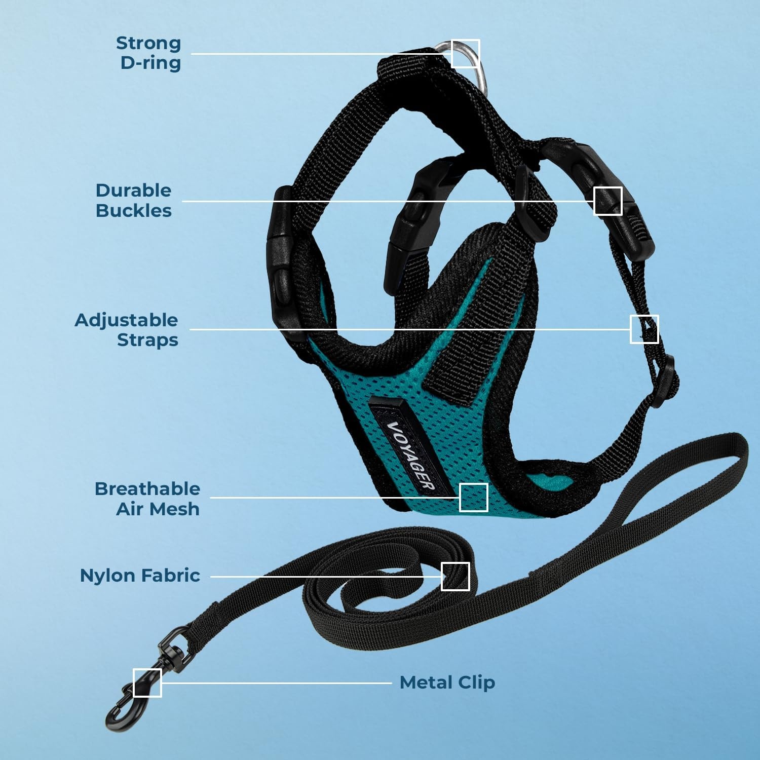 image:imageVoyager EscapeProof Stepin Lock Cat Harness amp 5ft NeopreneHandle Leash Set AllWeather Mesh with Reflective Stitching for Small to Large Cats by Best Pet Supplies Lavender 327 XXSHarness Leash Set TurquoiseBlack Trim