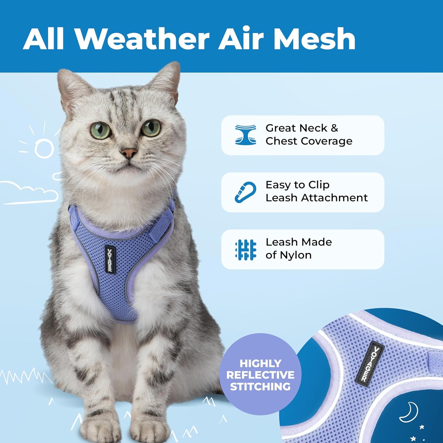 image:imageVoyager EscapeProof Stepin Lock Cat Harness amp 5ft NeopreneHandle Leash Set AllWeather Mesh with Reflective Stitching for Small to Large Cats by Best Pet Supplies Lavender 327 XXSLavender