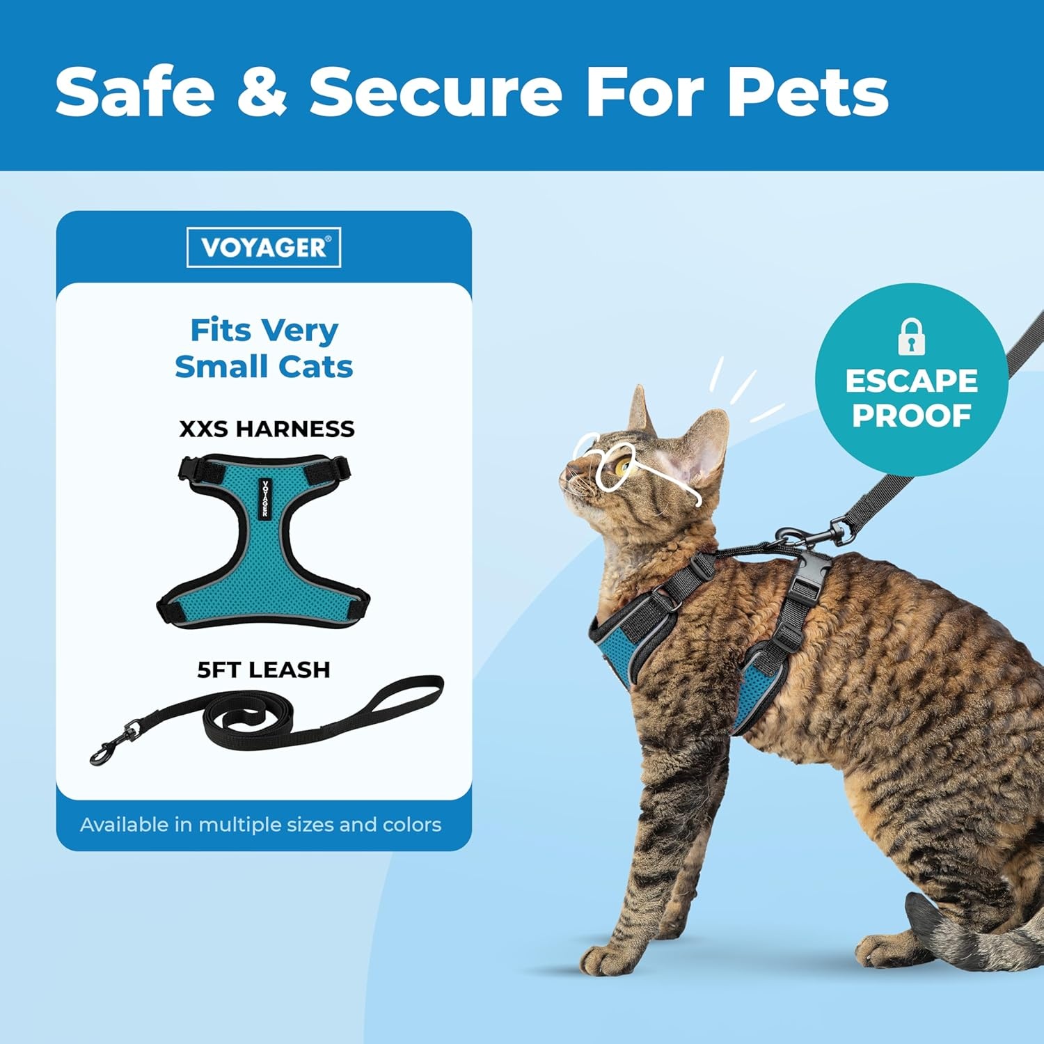 image:imageVoyager EscapeProof Stepin Lock Cat Harness amp 5ft NeopreneHandle Leash Set AllWeather Mesh with Reflective Stitching for Small to Large Cats by Best Pet Supplies Lavender 327 XXSBlack TrimTurquoise 327