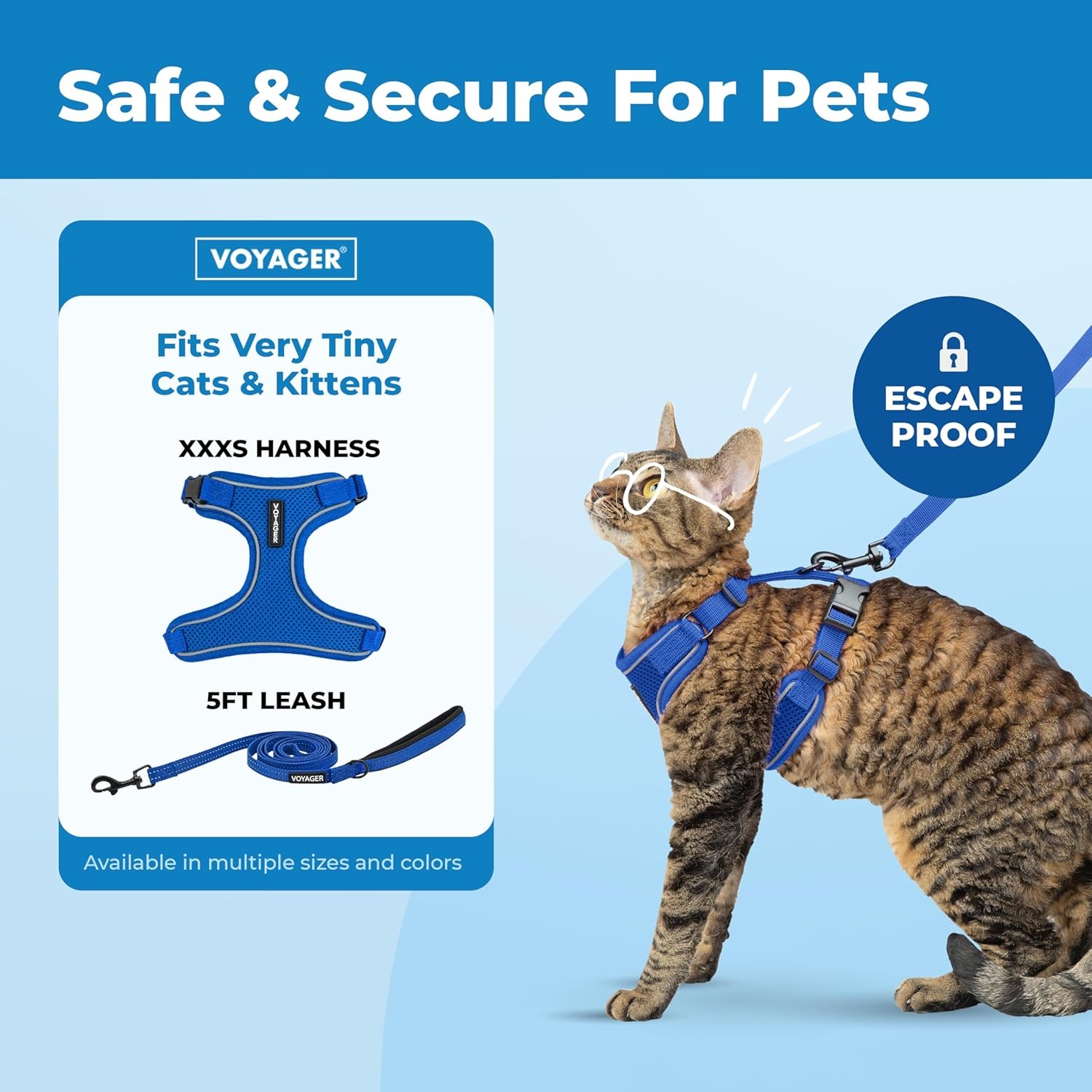 image:imageVoyager EscapeProof Stepin Lock Cat Harness amp 5ft NeopreneHandle Leash Set AllWeather Mesh with Reflective Stitching for Small to Large Cats by Best Pet Supplies Lavender 327 XXSRoyal Blue 327