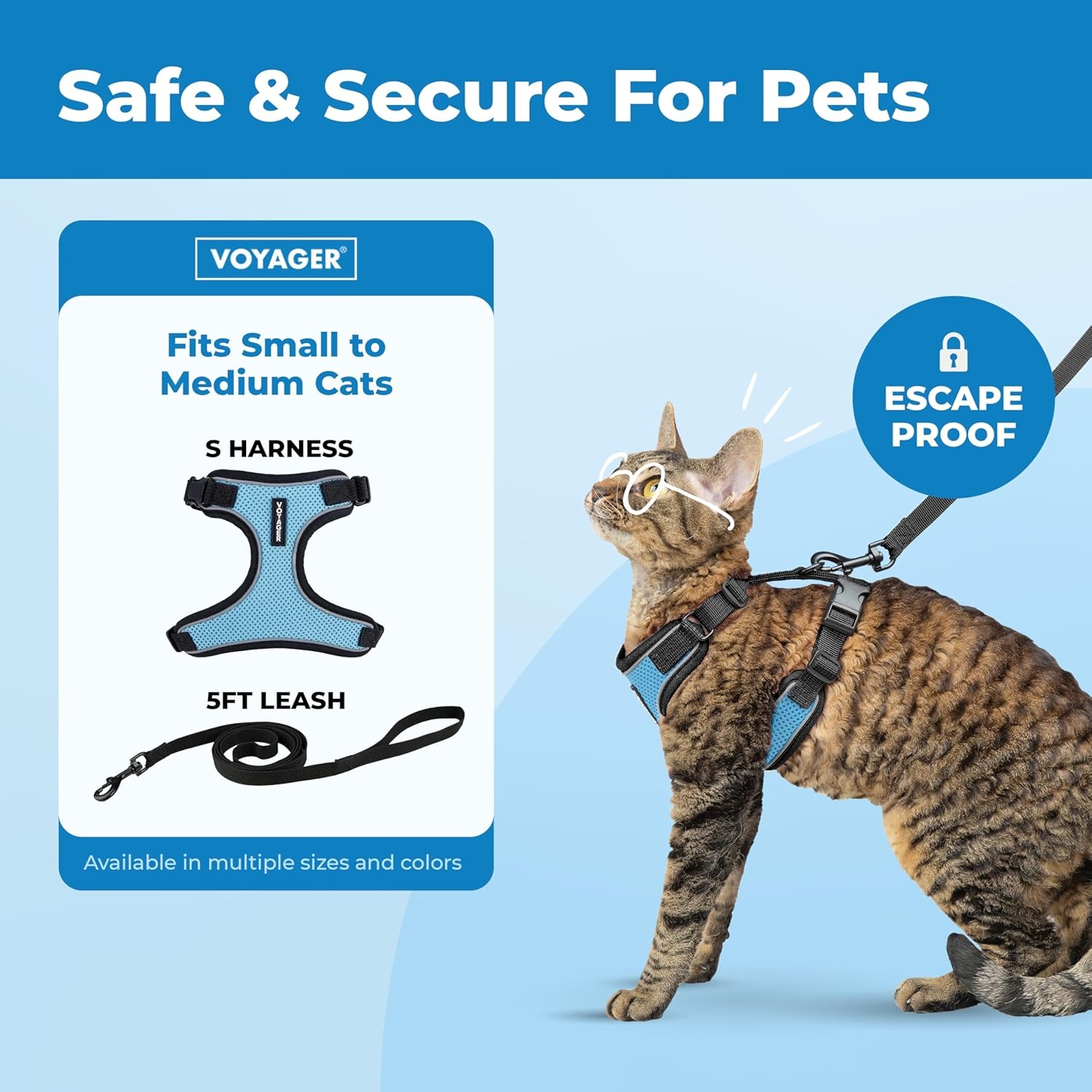 image:imageVoyager EscapeProof Stepin Lock Cat Harness amp 5ft NeopreneHandle Leash Set AllWeather Mesh with Reflective Stitching for Small to Large Cats by Best Pet Supplies Lavender 327 XXSBlack TrimBaby Blue 327