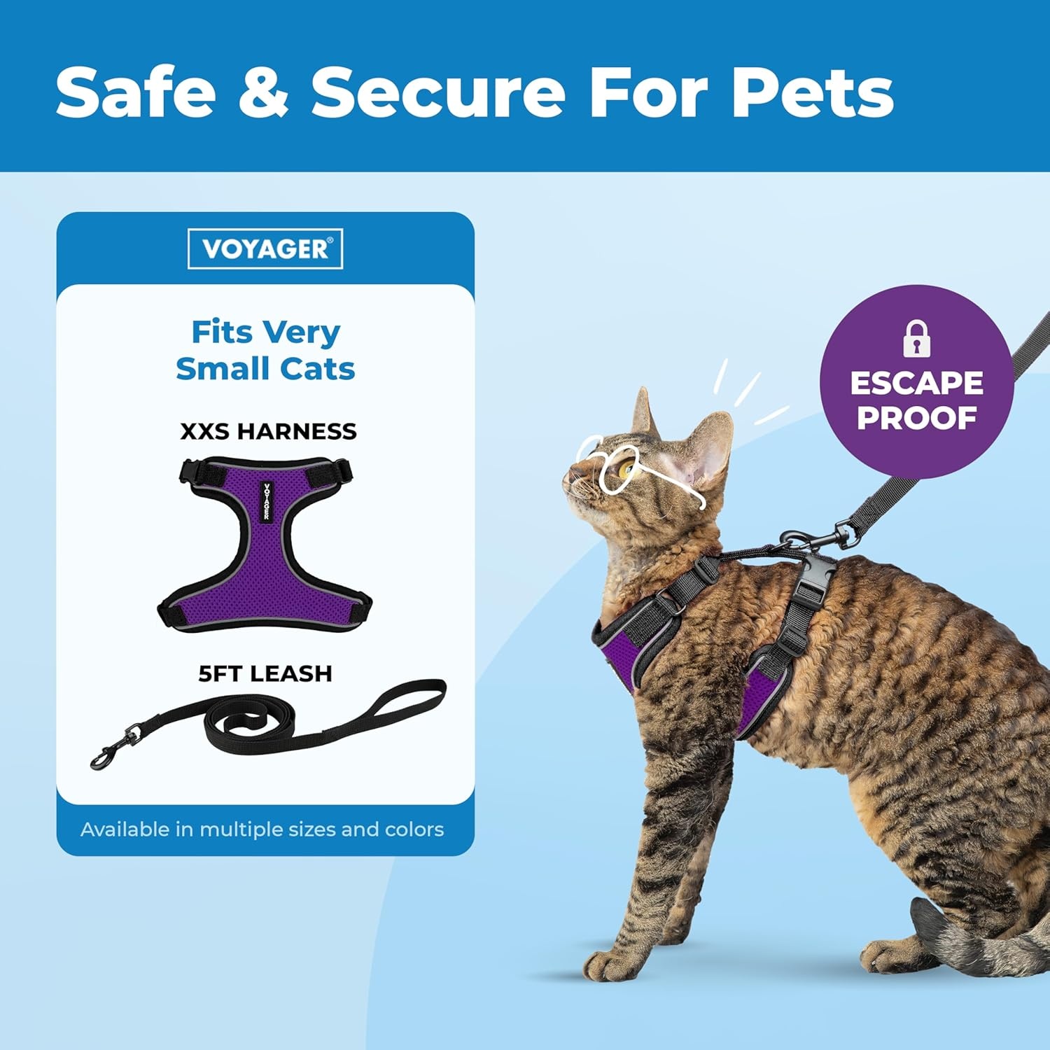 image:imageVoyager EscapeProof Stepin Lock Cat Harness amp 5ft NeopreneHandle Leash Set AllWeather Mesh with Reflective Stitching for Small to Large Cats by Best Pet Supplies Lavender 327 XXSBlack TrimPurple 327