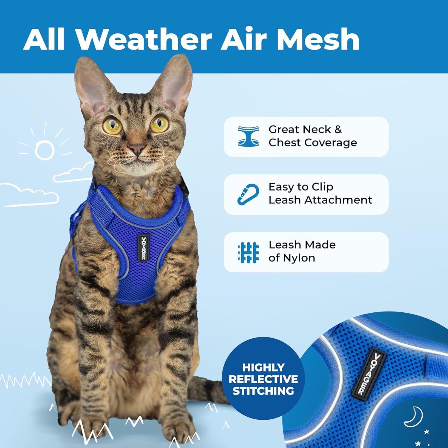 image:imageVoyager EscapeProof Stepin Lock Cat Harness amp 5ft NeopreneHandle Leash Set AllWeather Mesh with Reflective Stitching for Small to Large Cats by Best Pet Supplies Lavender 327 XXSRoyal Blue 327