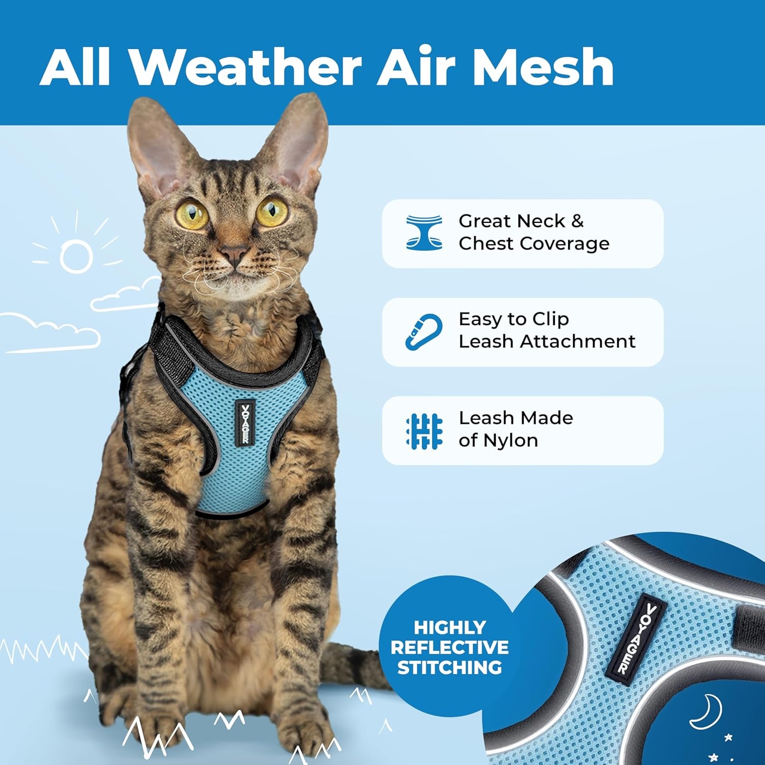 image:imageVoyager EscapeProof Stepin Lock Cat Harness amp 5ft NeopreneHandle Leash Set AllWeather Mesh with Reflective Stitching for Small to Large Cats by Best Pet Supplies Lavender 327 XXSBlack TrimBaby Blue 327