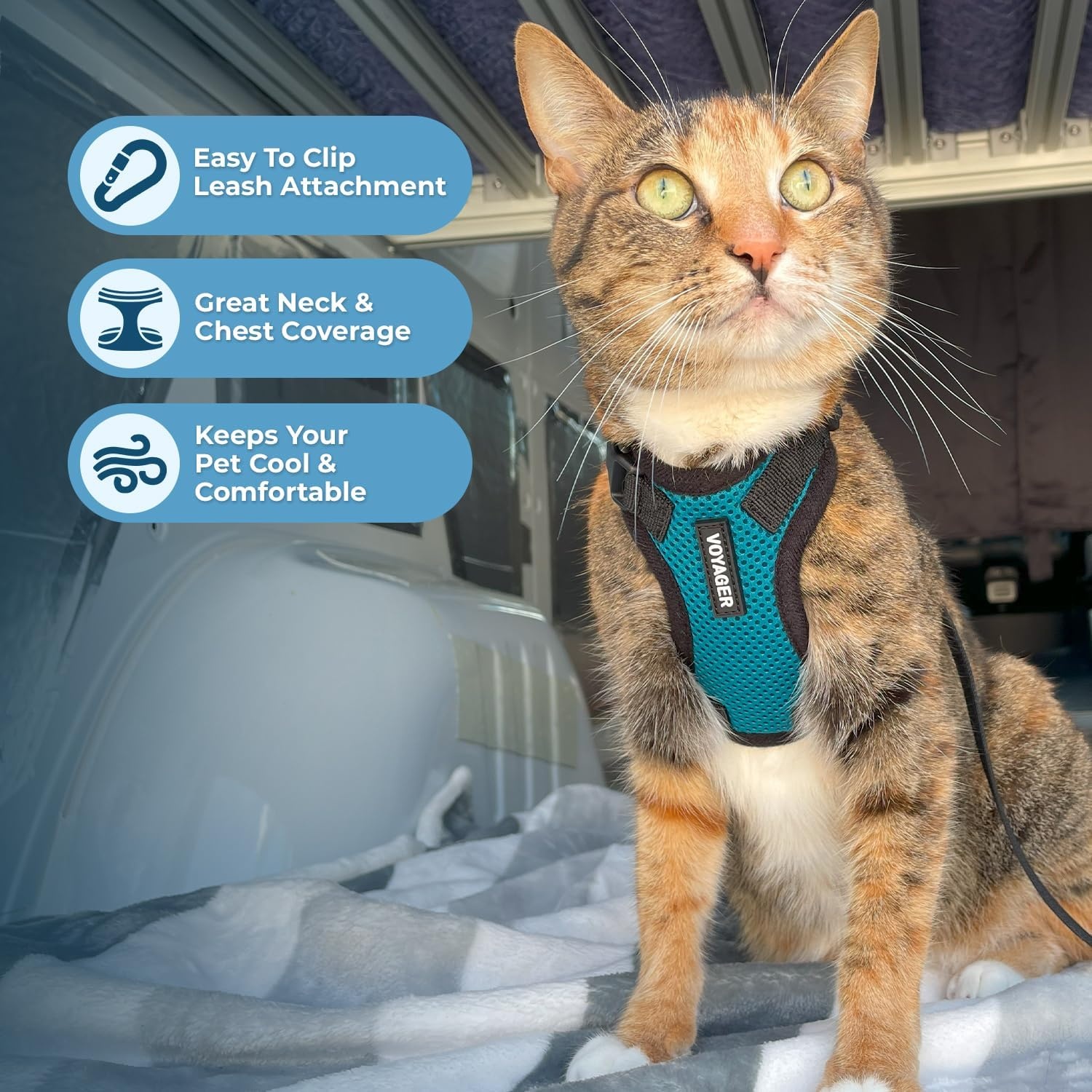 image:imageVoyager EscapeProof Stepin Lock Cat Harness amp 5ft NeopreneHandle Leash Set AllWeather Mesh with Reflective Stitching for Small to Large Cats by Best Pet Supplies Lavender 327 XXSHarness Leash Set TurquoiseBlack Trim