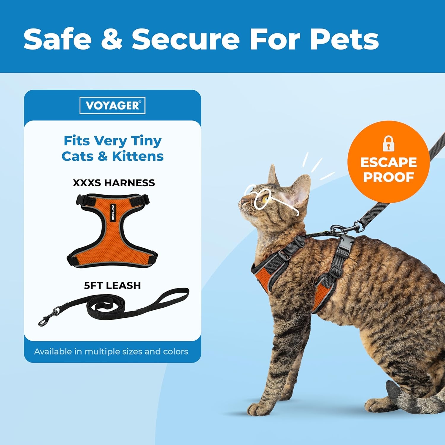 image:imageVoyager EscapeProof Stepin Lock Cat Harness amp 5ft NeopreneHandle Leash Set AllWeather Mesh with Reflective Stitching for Small to Large Cats by Best Pet Supplies Lavender 327 XXSBlack TrimOrange 327