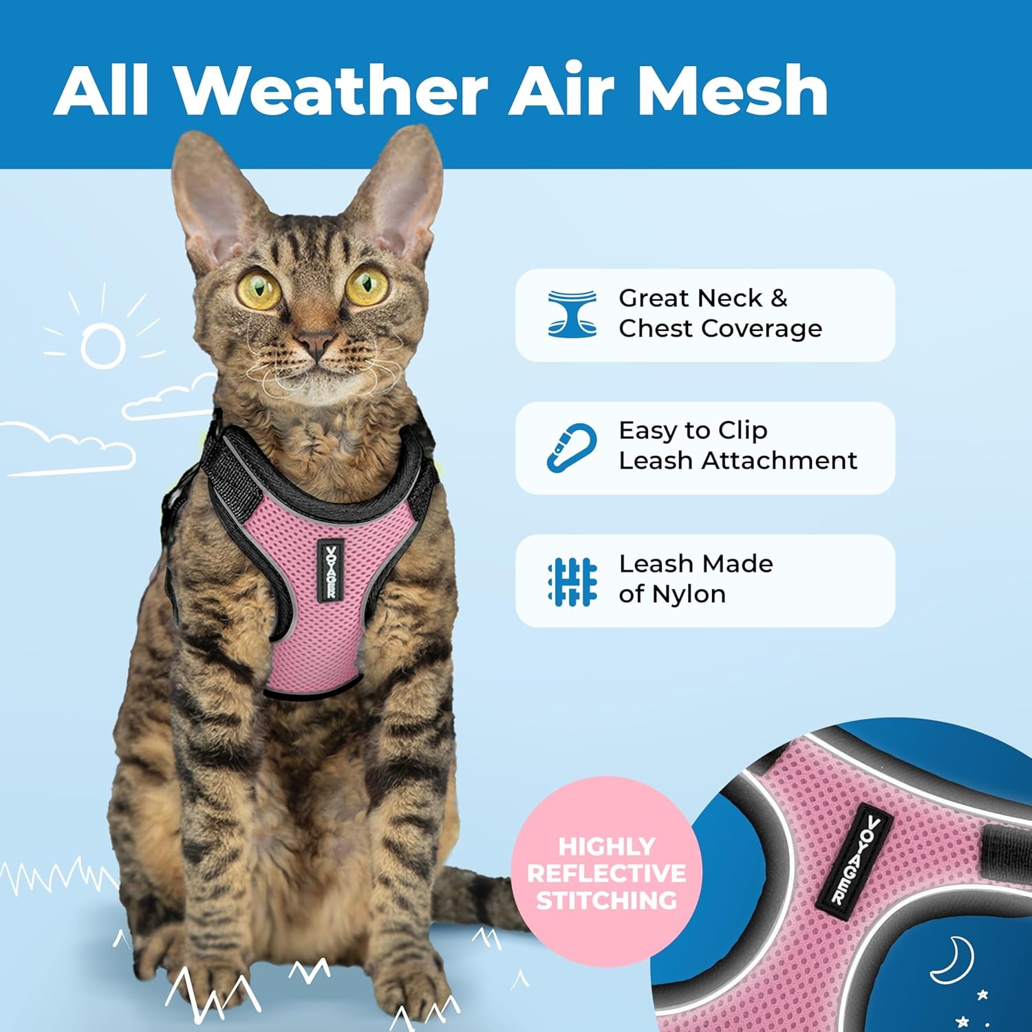 image:imageVoyager EscapeProof Stepin Lock Cat Harness amp 5ft NeopreneHandle Leash Set AllWeather Mesh with Reflective Stitching for Small to Large Cats by Best Pet Supplies Lavender 327 XXSBlack TrimPink 327